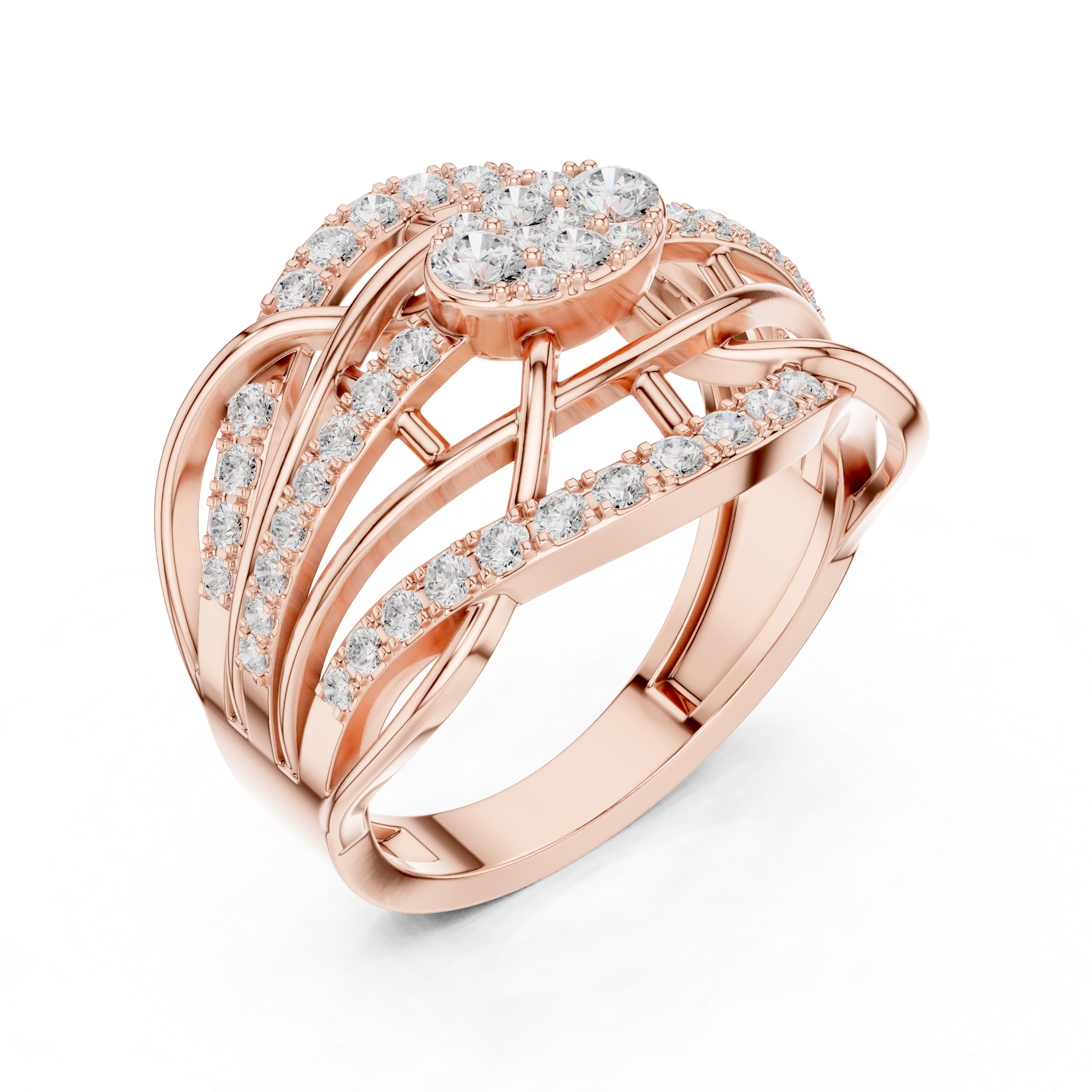 Oval Shape Round Diamond Multi-Row Crossover Statement Ring