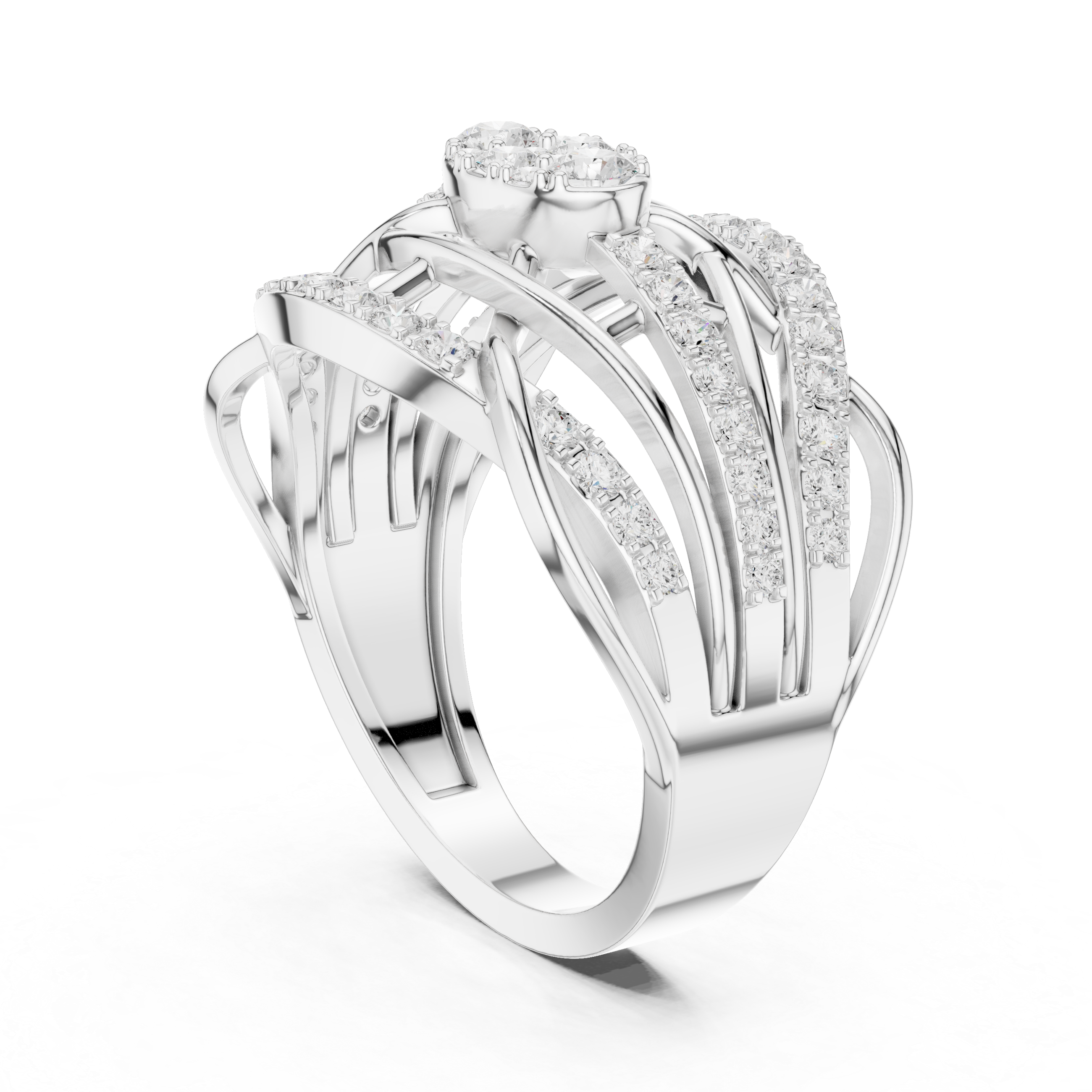 Oval Shape Round Diamond Multi-Row Crossover Statement Ring
