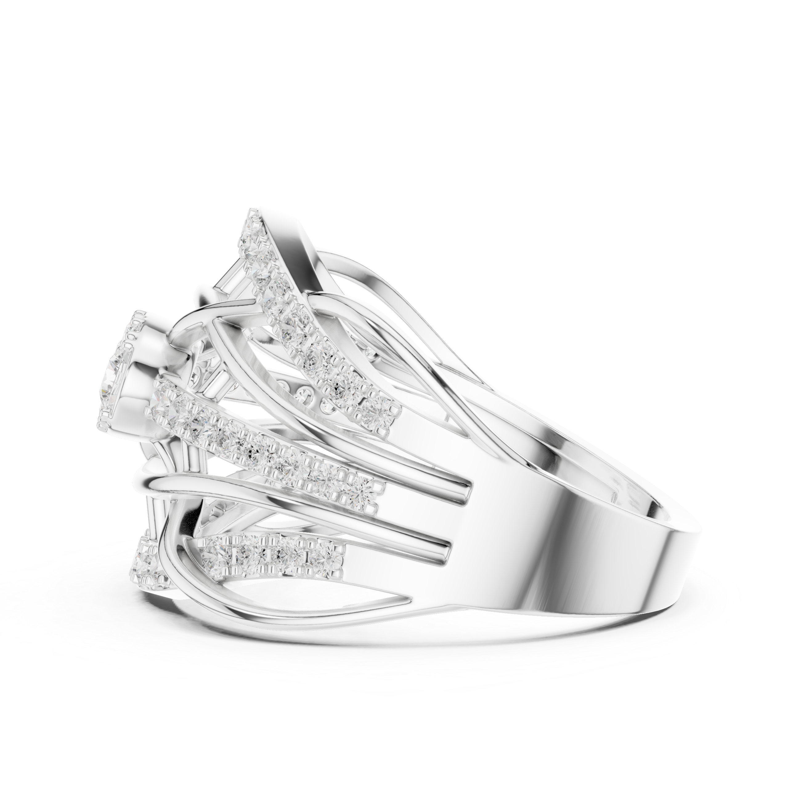 Oval Shape Round Diamond Multi-Row Crossover Statement Ring