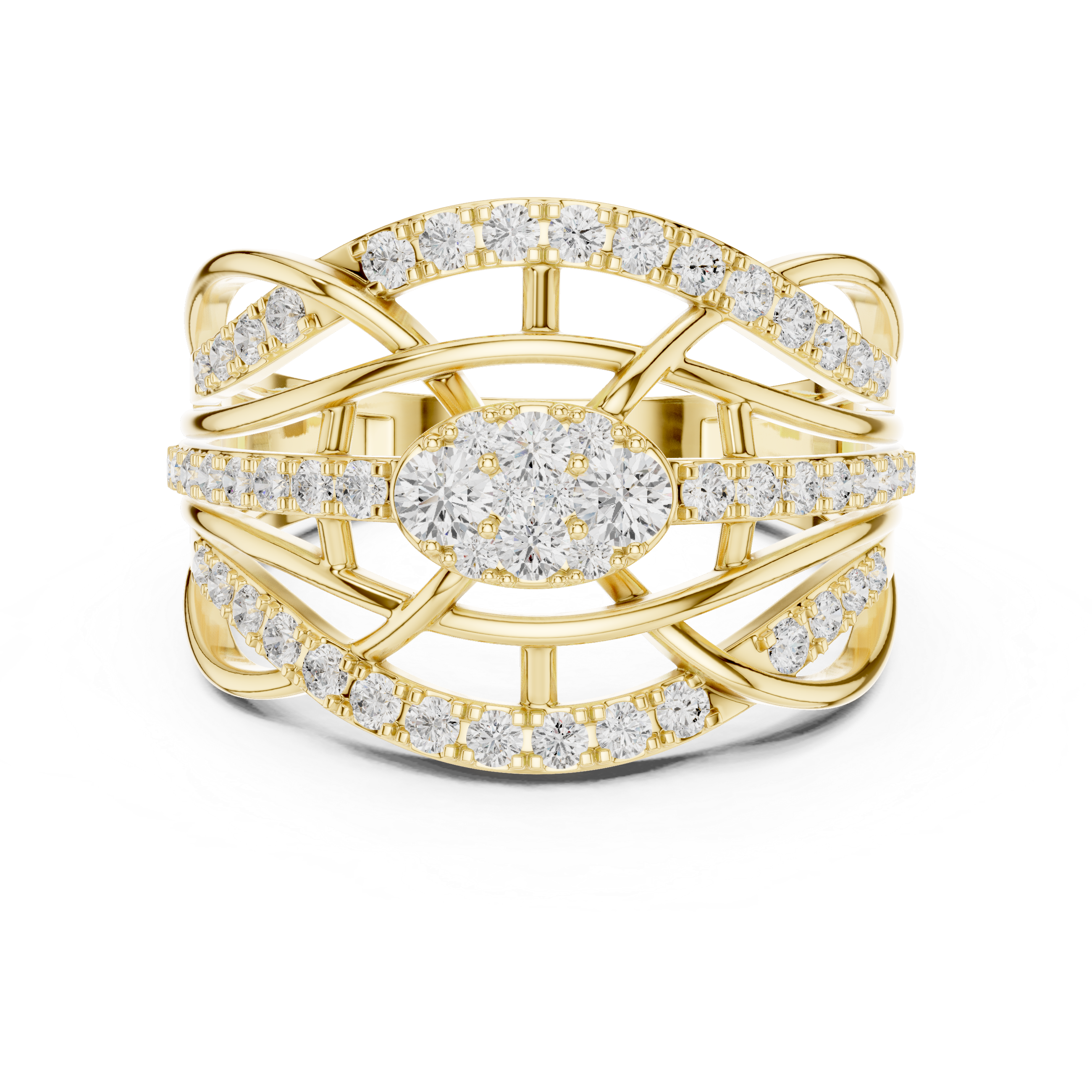 Oval Shape Round Diamond Multi-Row Crossover Statement Ring