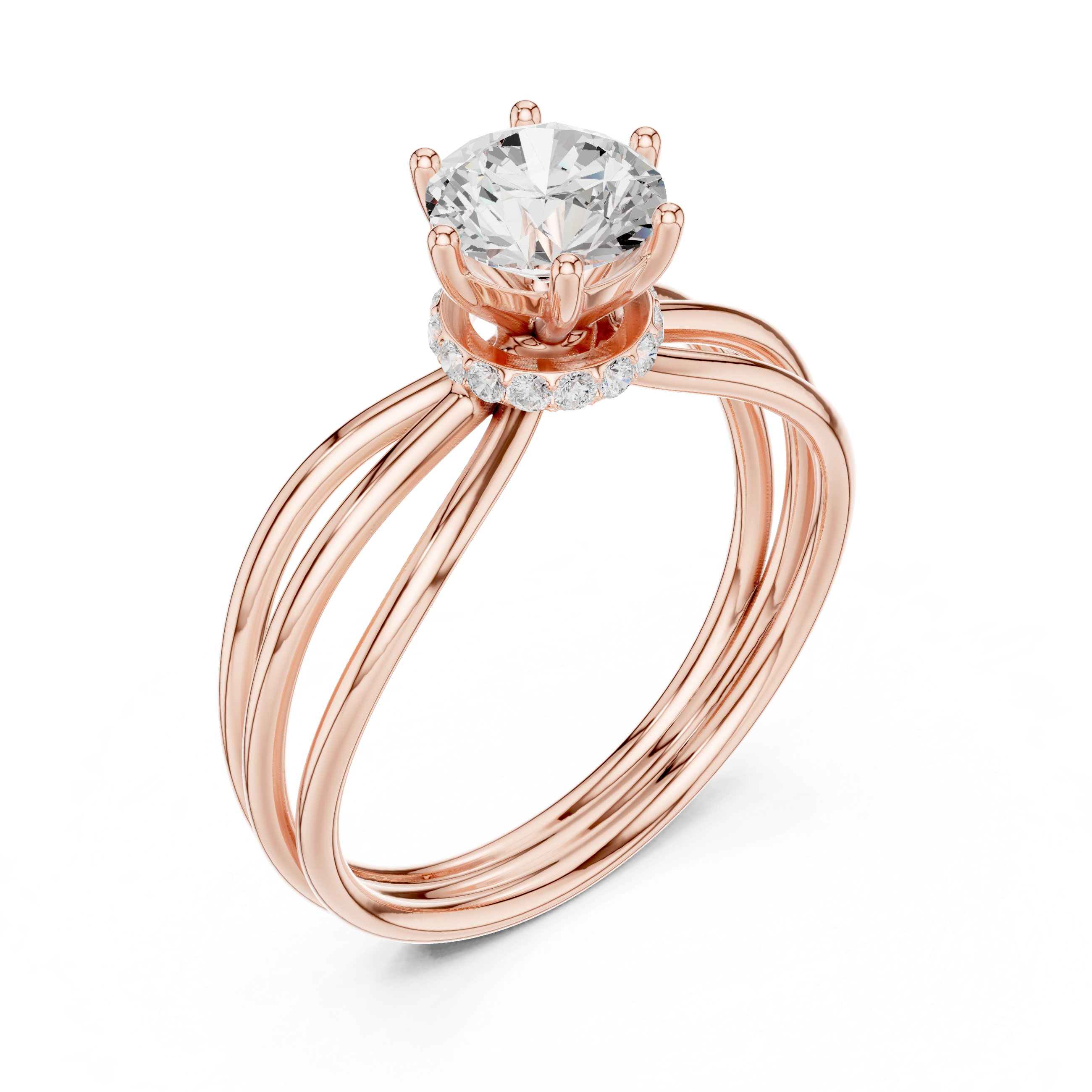 Round Cut Triple Row Crossover Diamond Ring with Hidden Halo