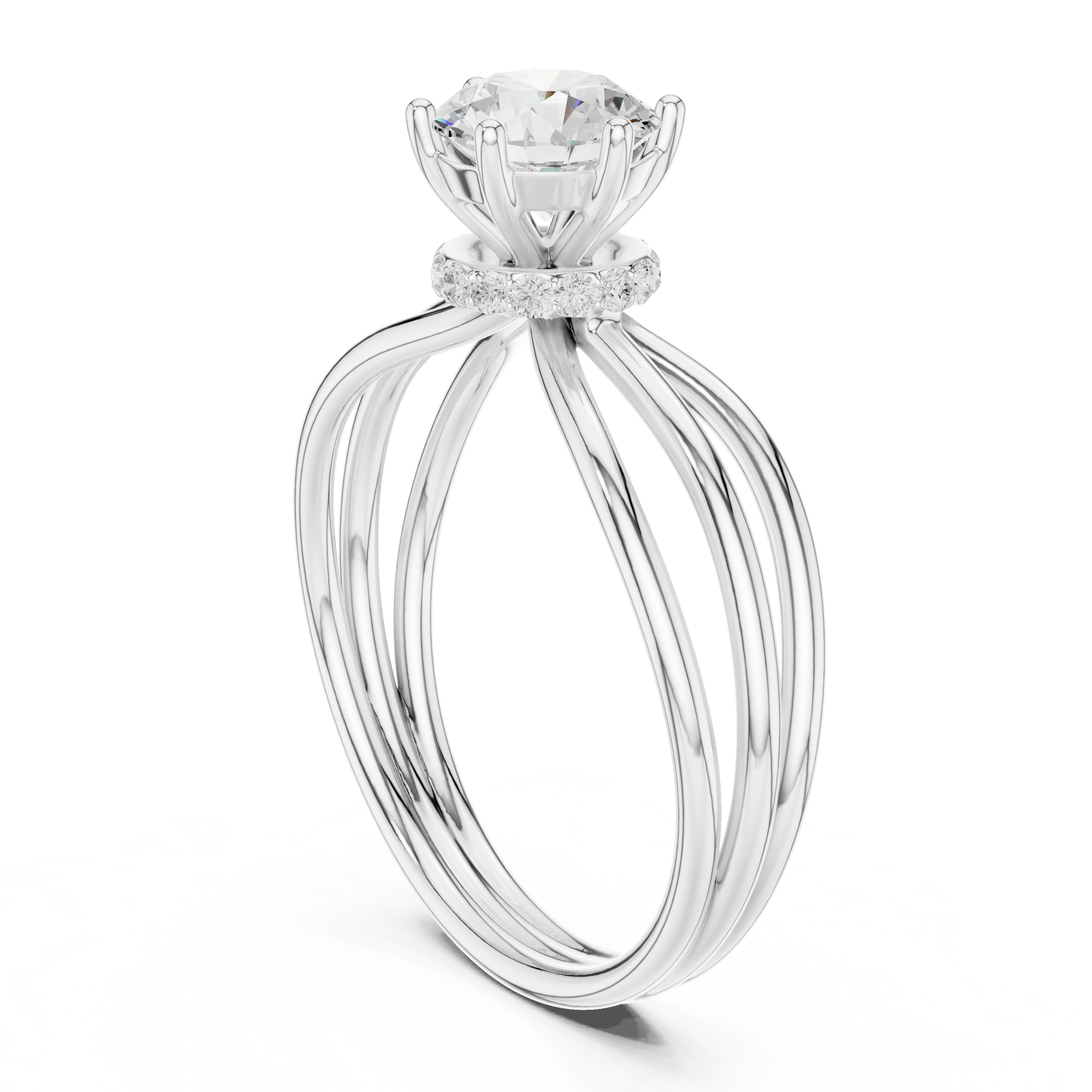 Round Cut Triple Row Crossover Diamond Ring with Hidden Halo