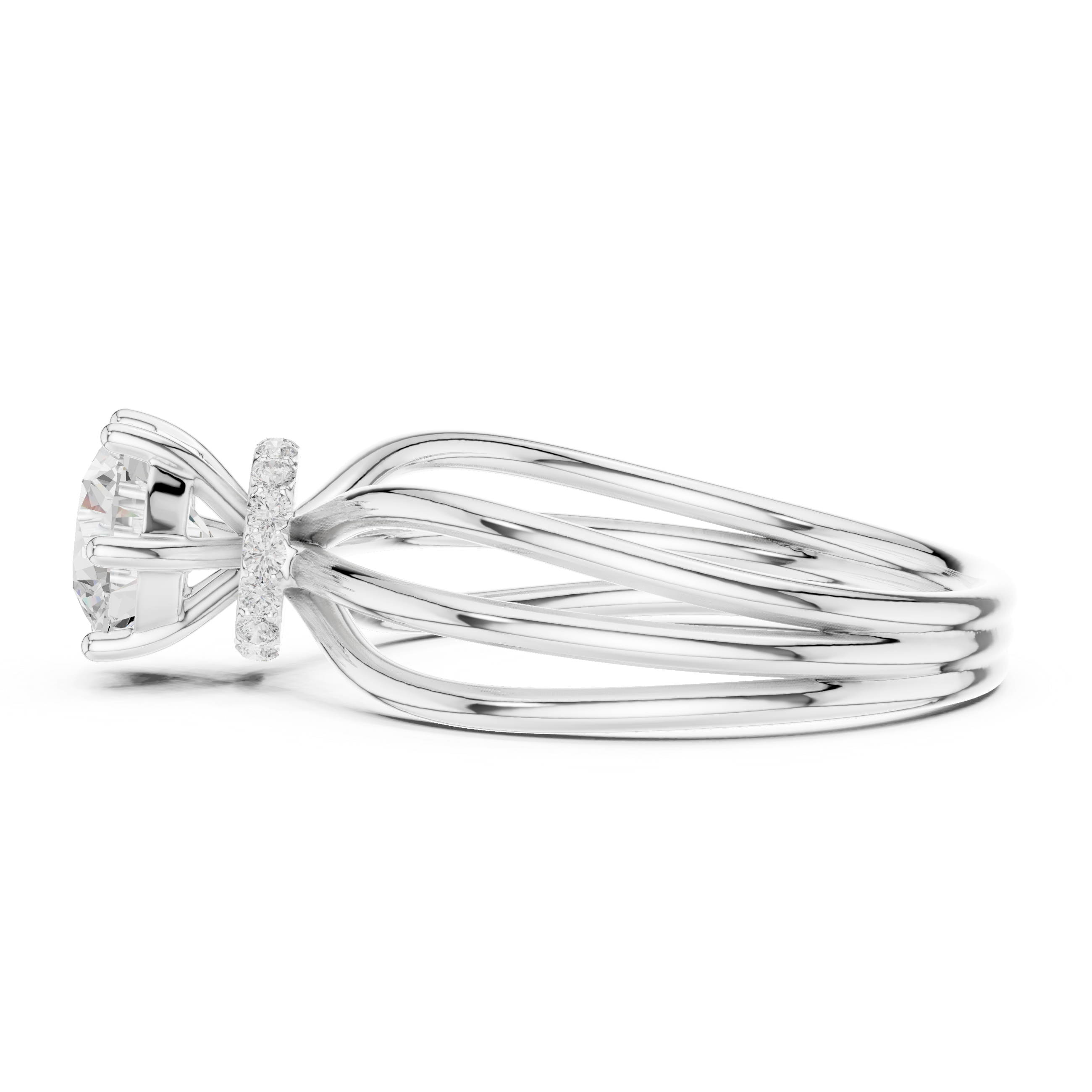 Round Cut Triple Row Crossover Diamond Ring with Hidden Halo