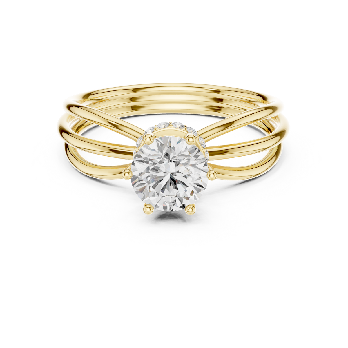 Round Cut Triple Row Crossover Diamond Ring with Hidden Halo