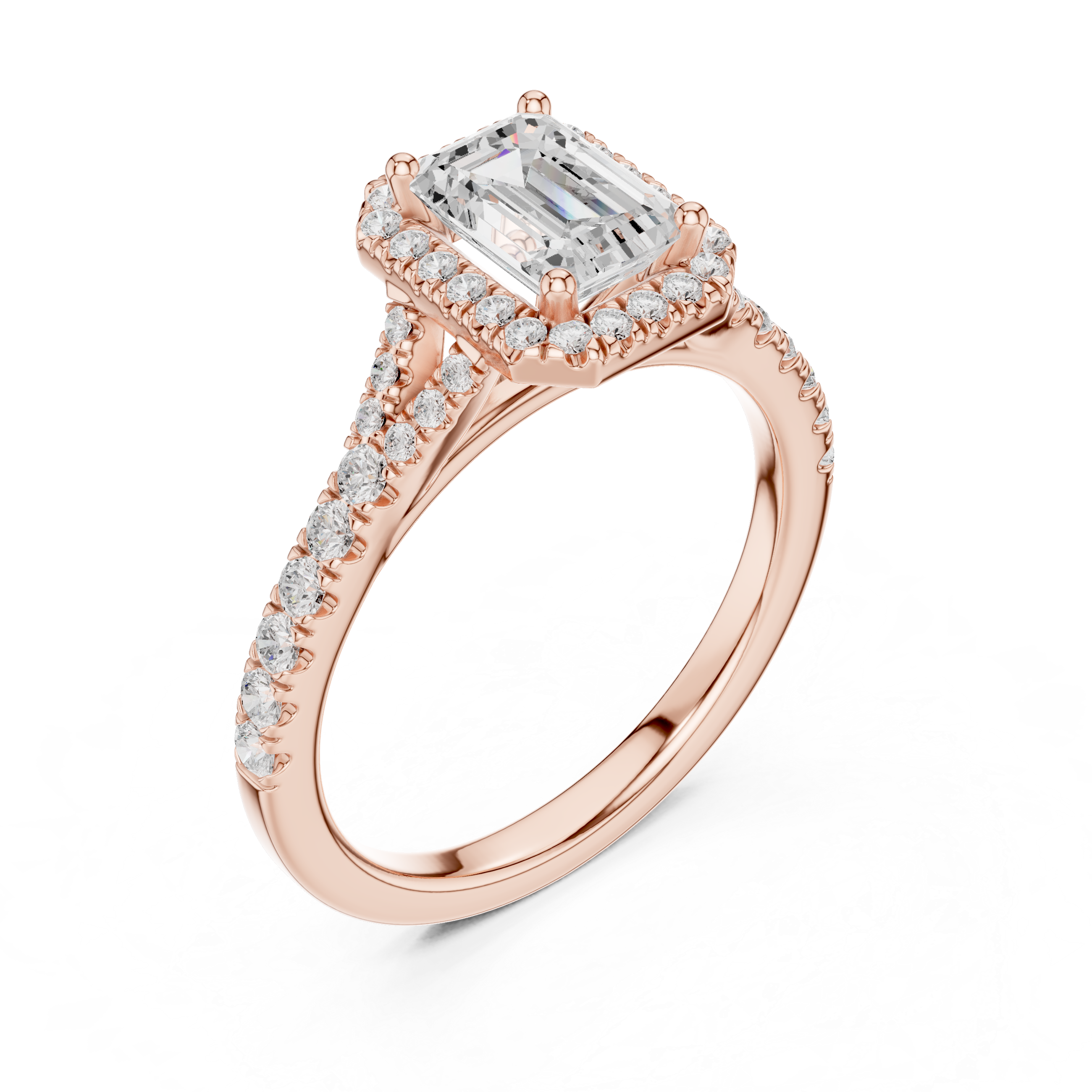 Emerald Cut Halo Split Shank Ring