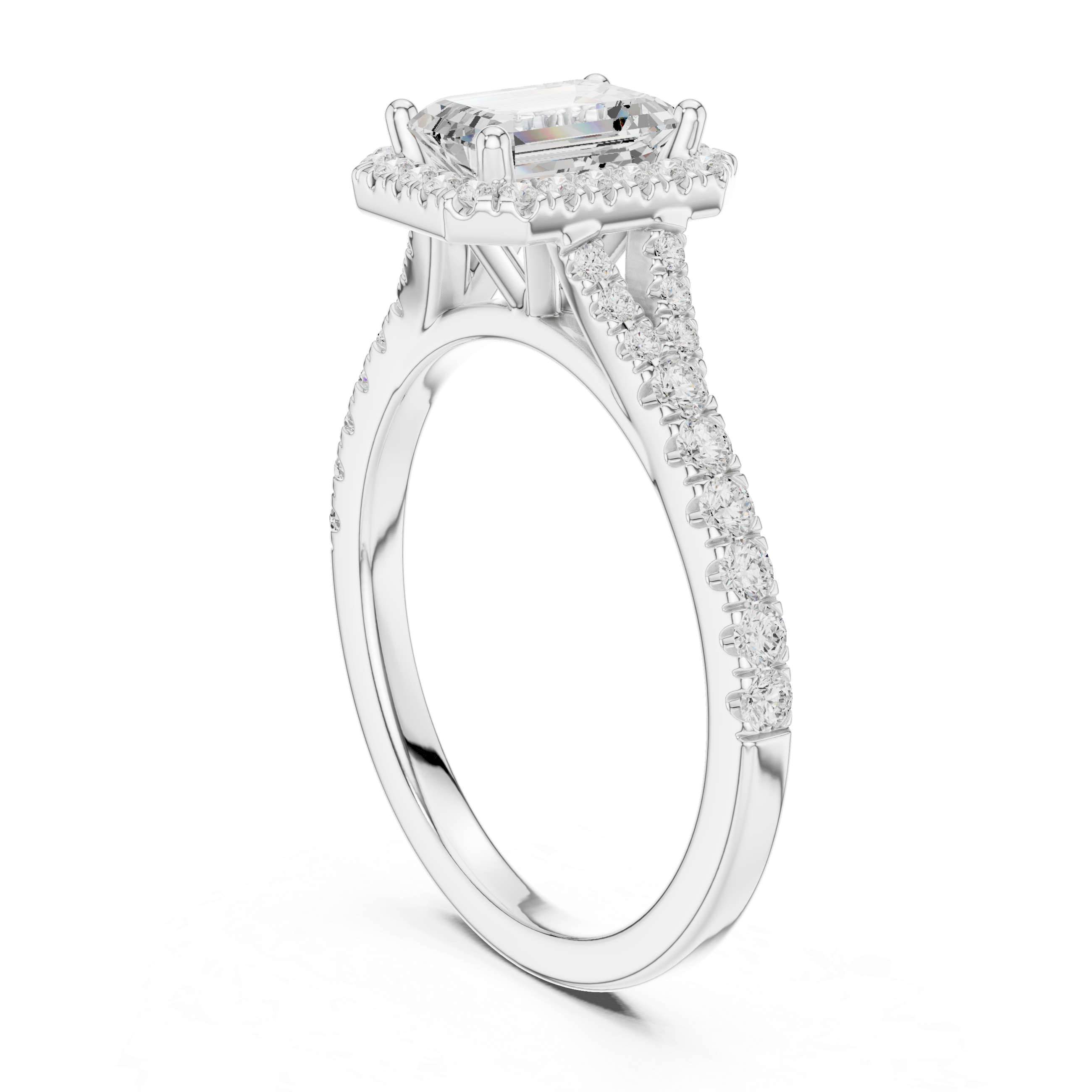 Emerald Cut Halo Split Shank Ring