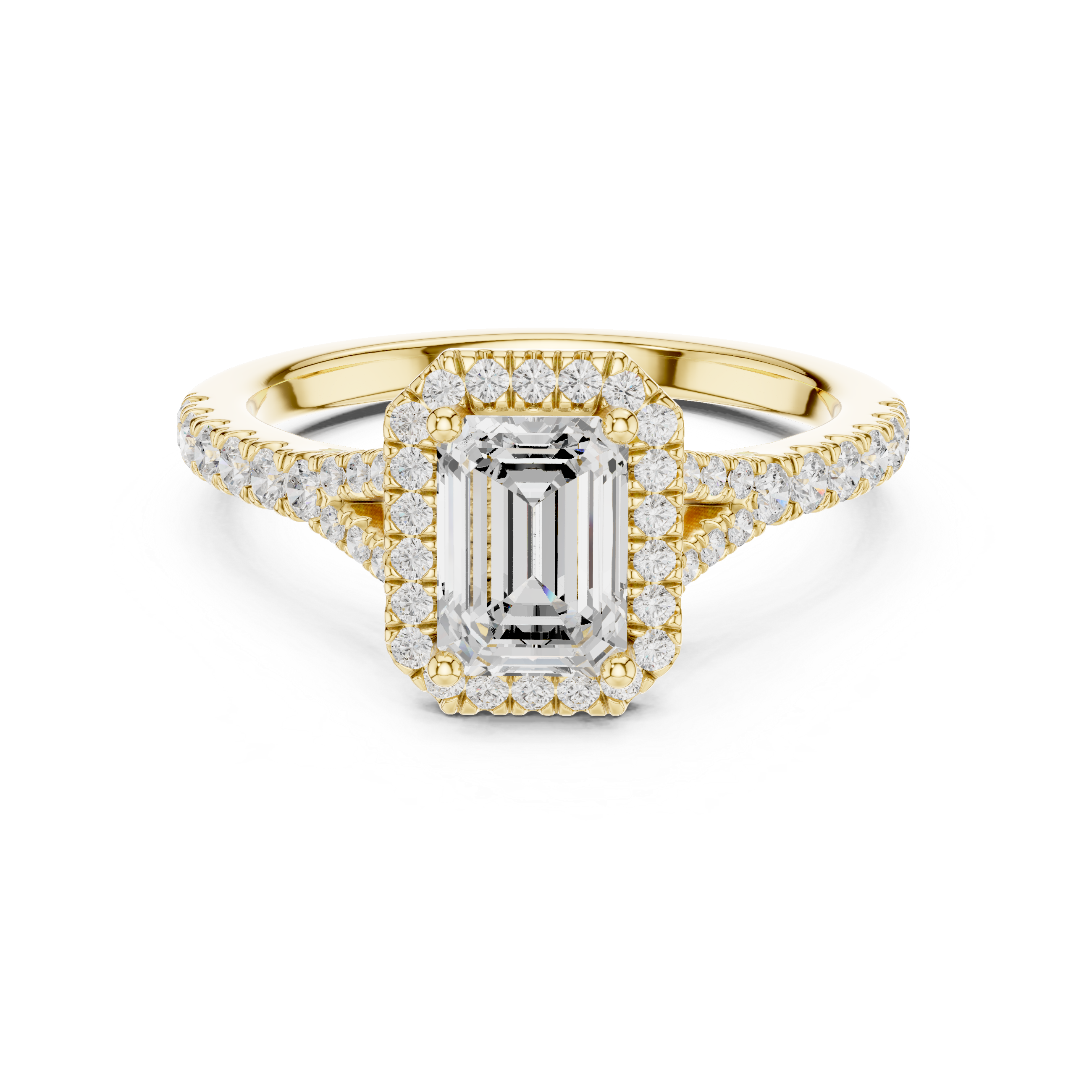 Emerald Cut Halo Split Shank Ring