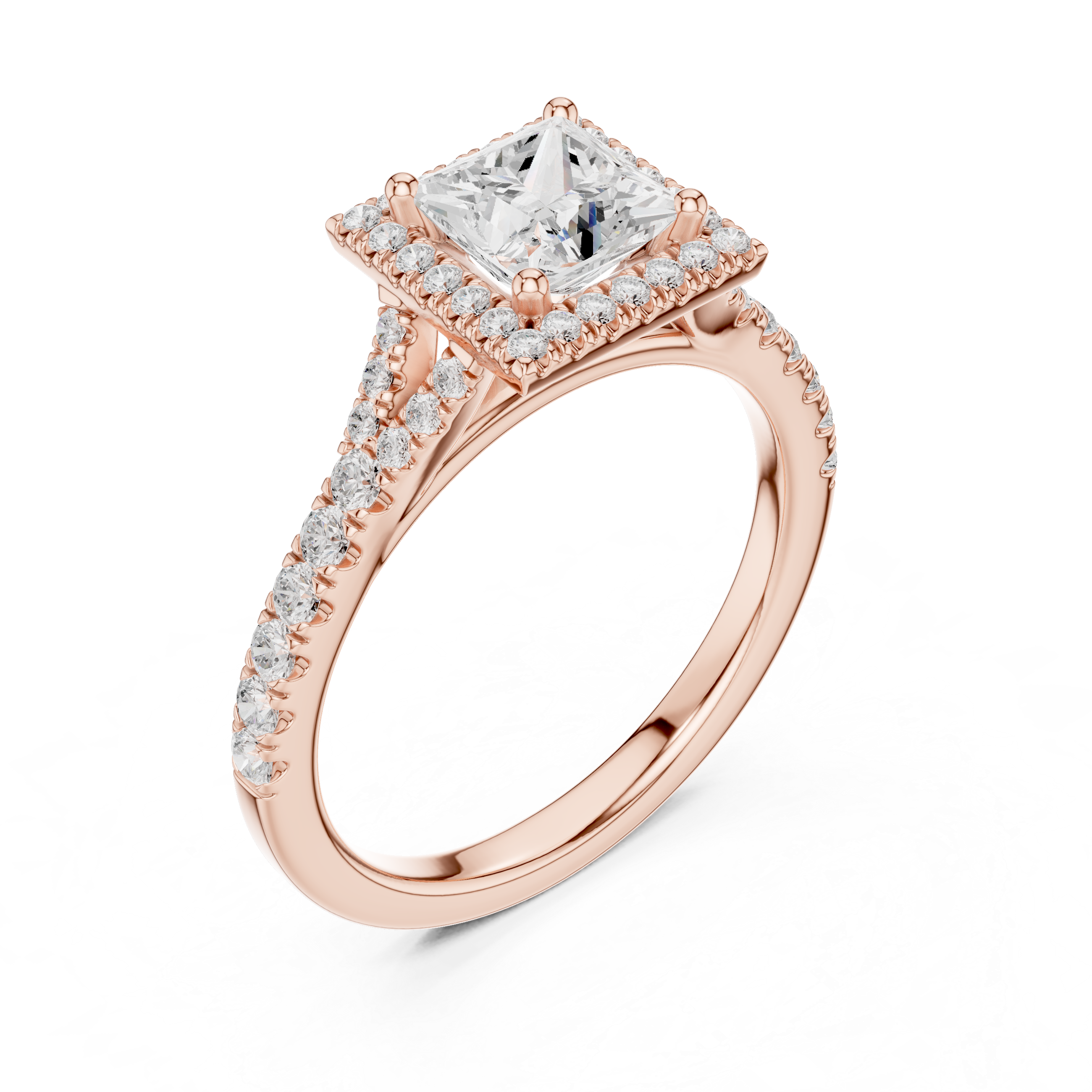 Princess Cut Halo Split Shank Ring