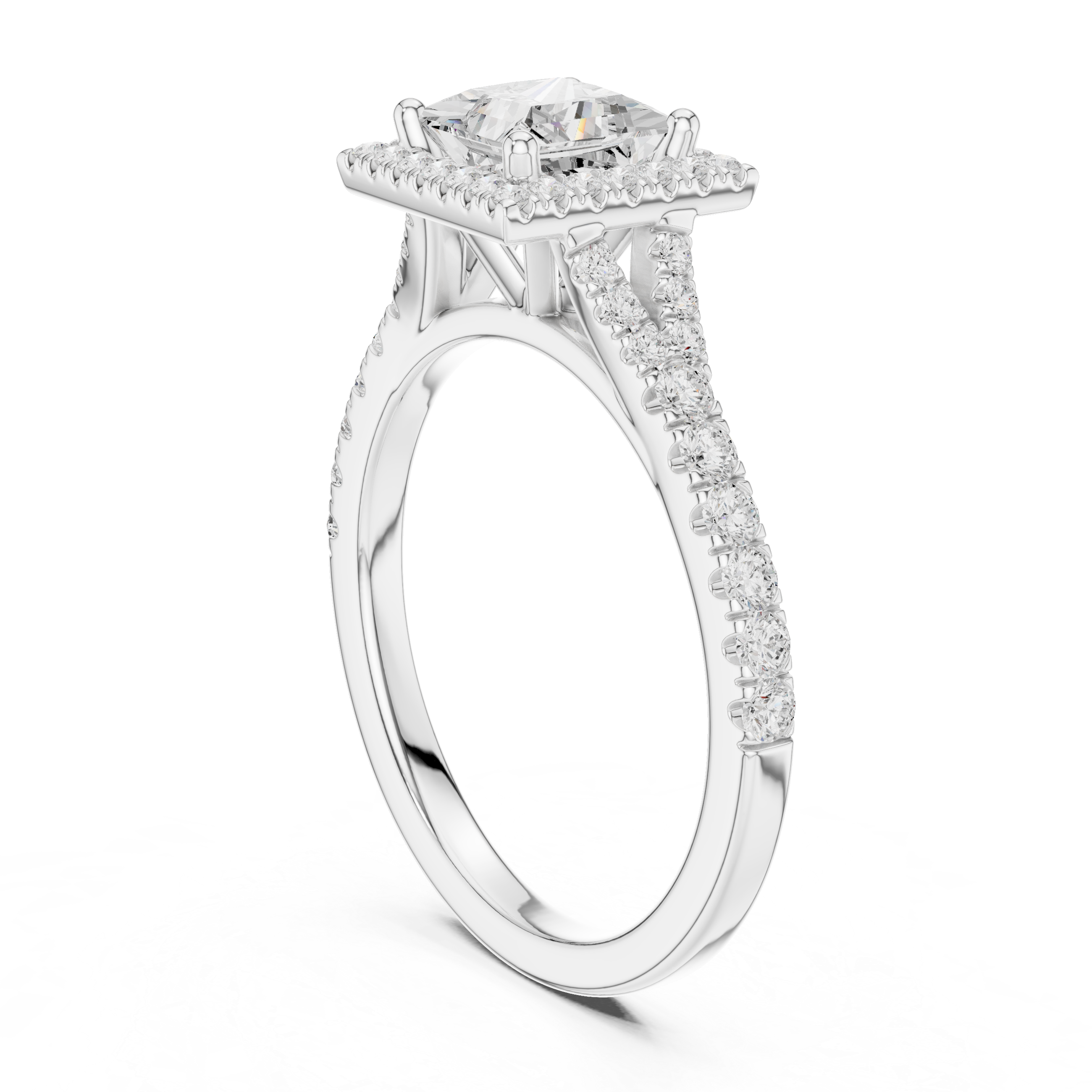 Princess Cut Halo Split Shank Ring