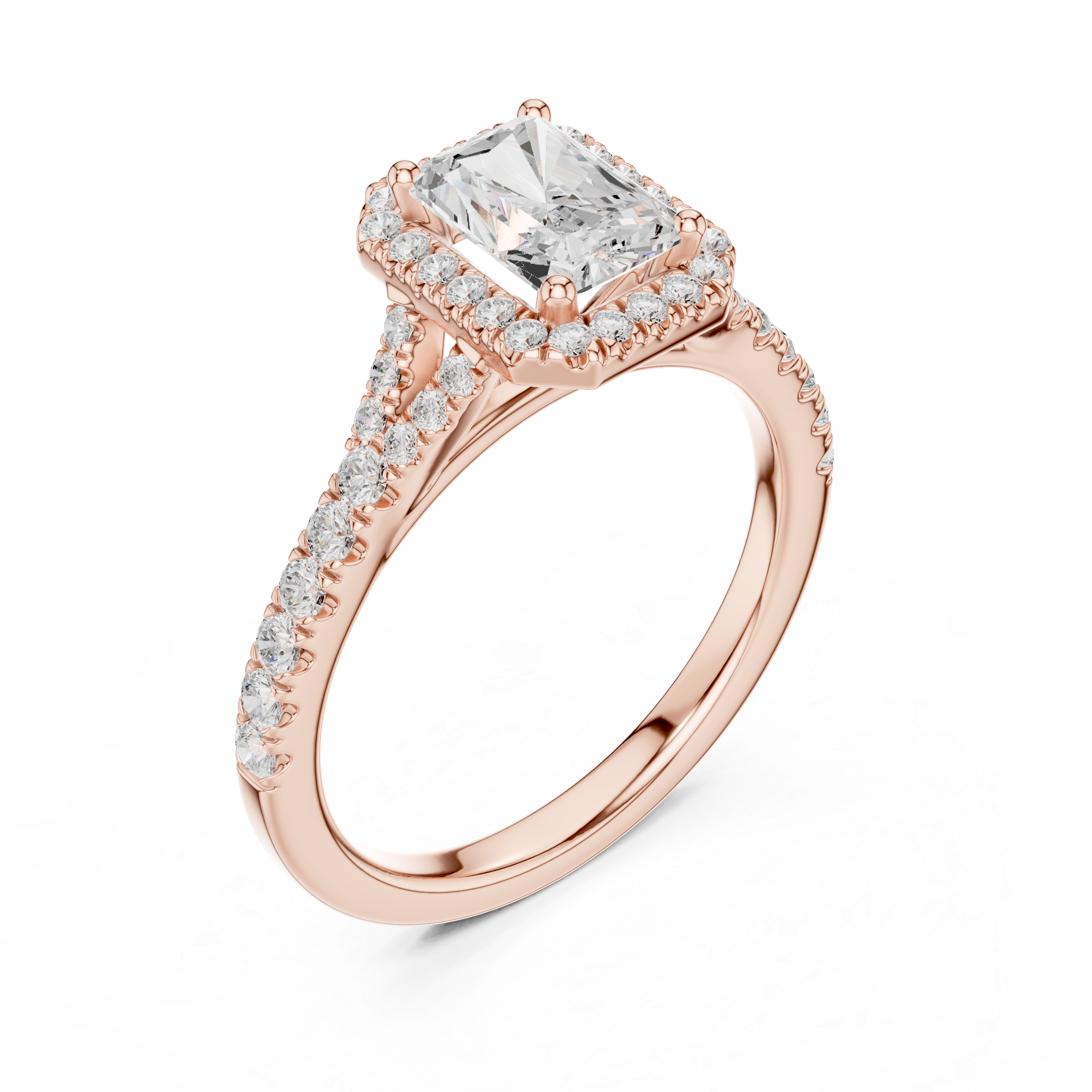 Radiant Cut Halo Split Shank Ring