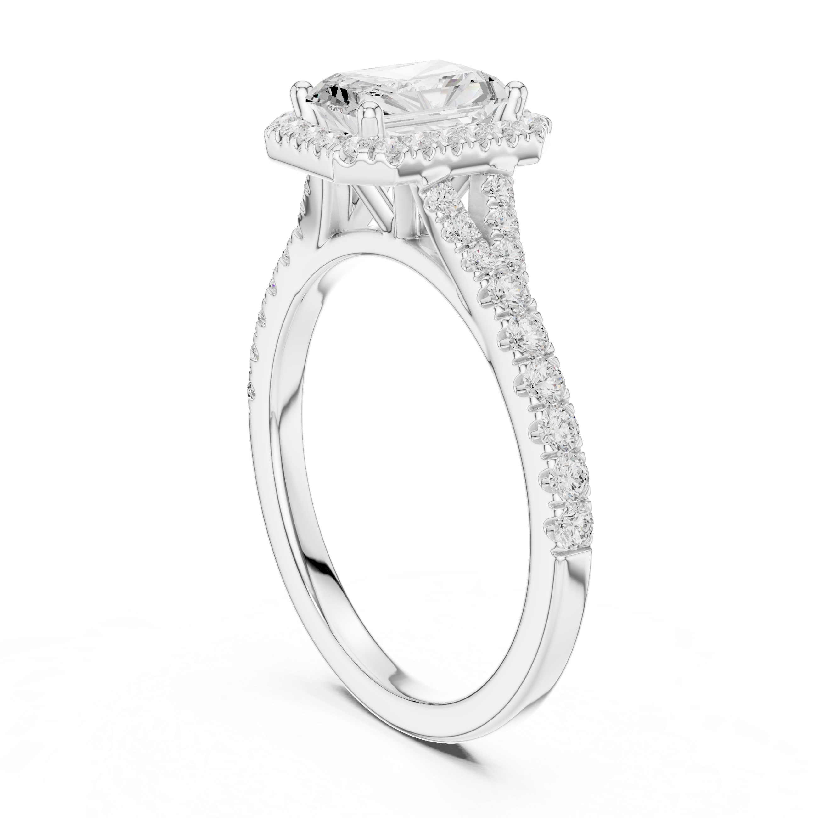Radiant Cut Halo Split Shank Ring