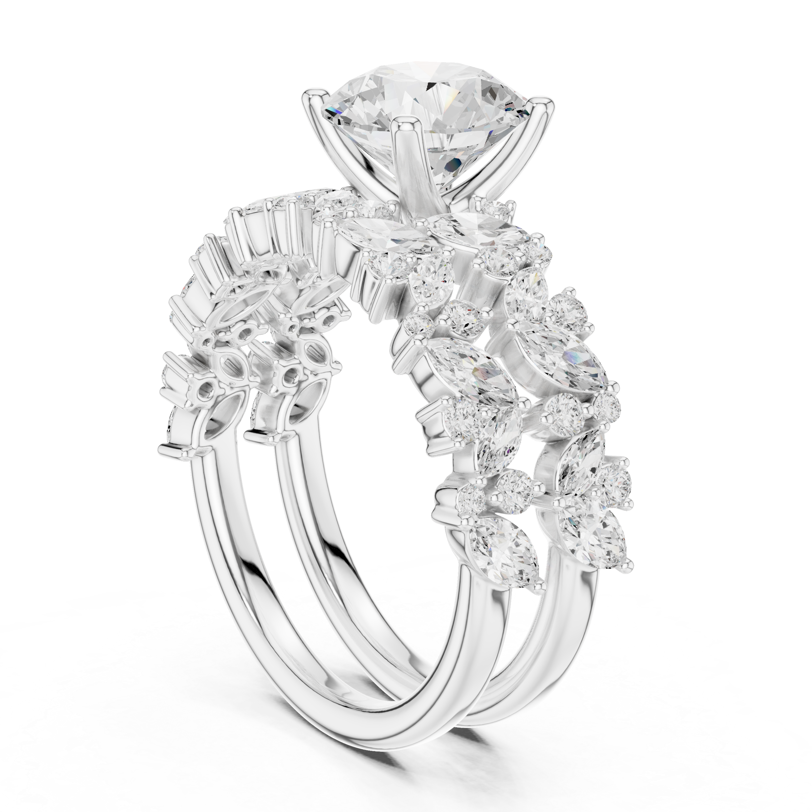 Round Cut Bridal Ring Set With Marquise & Round Diamond Band