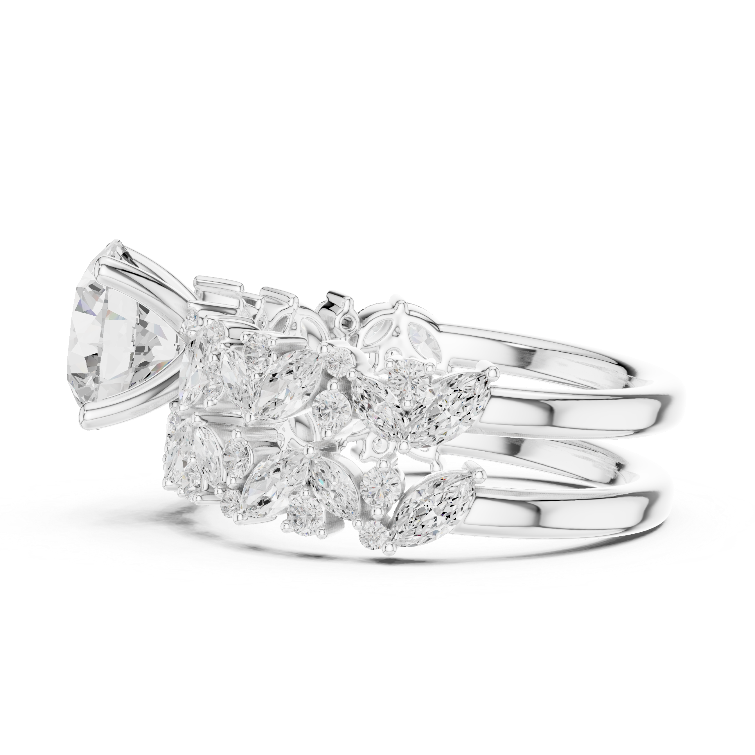 Round Cut Bridal Ring Set With Marquise & Round Diamond Band