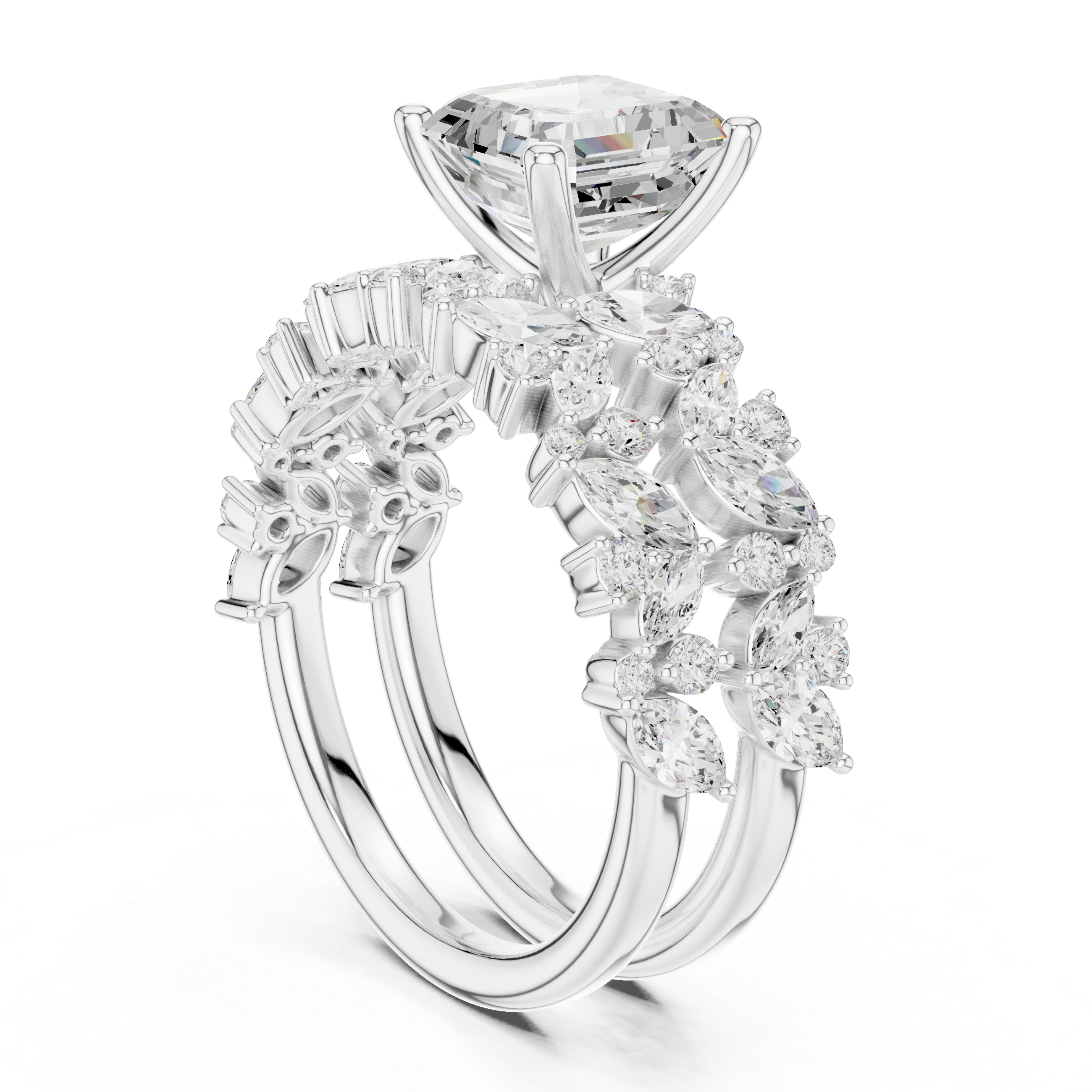 Asscher Cut Bridal Ring Set With Marquise & Round Diamond Band