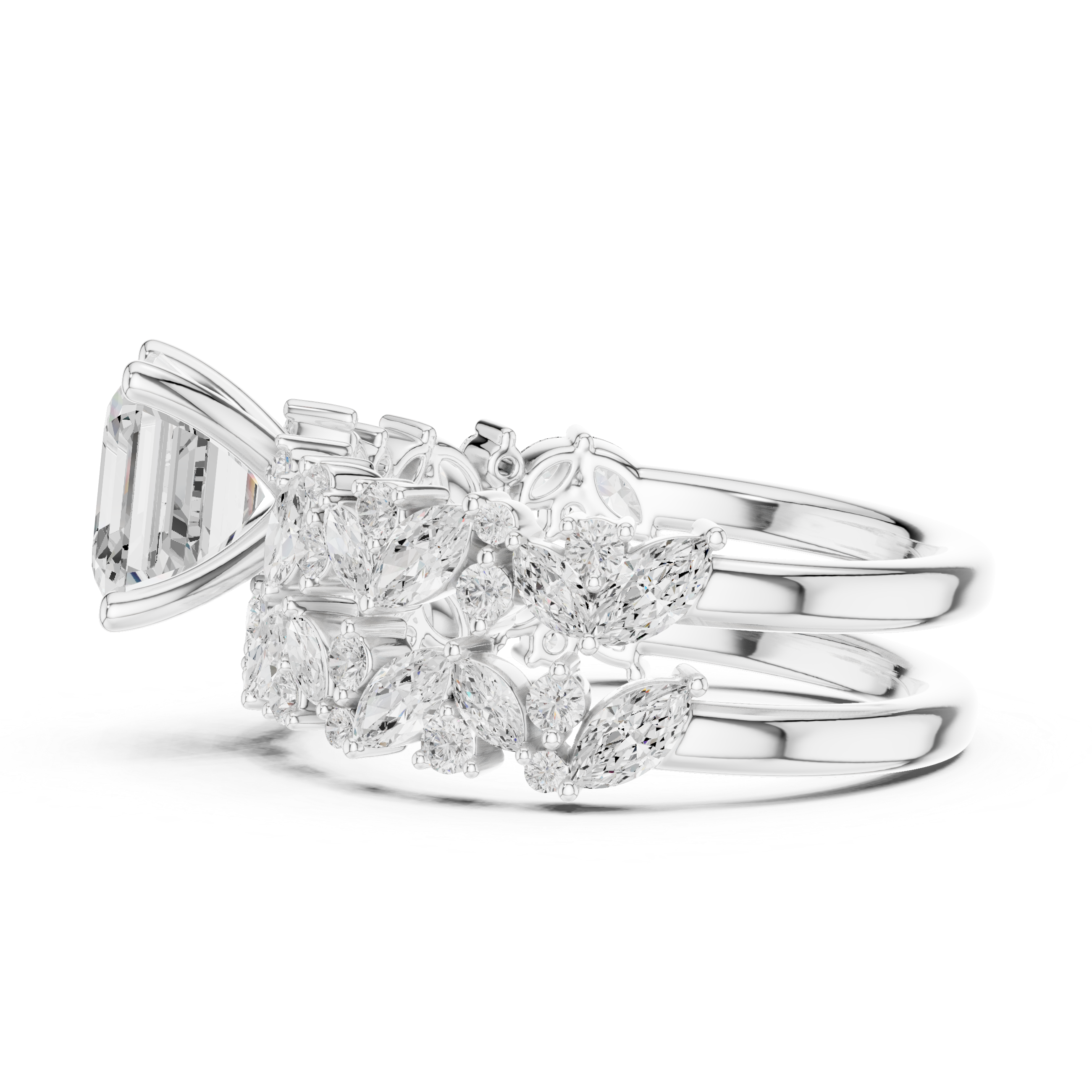 Asscher Cut Bridal Ring Set With Marquise & Round Diamond Band
