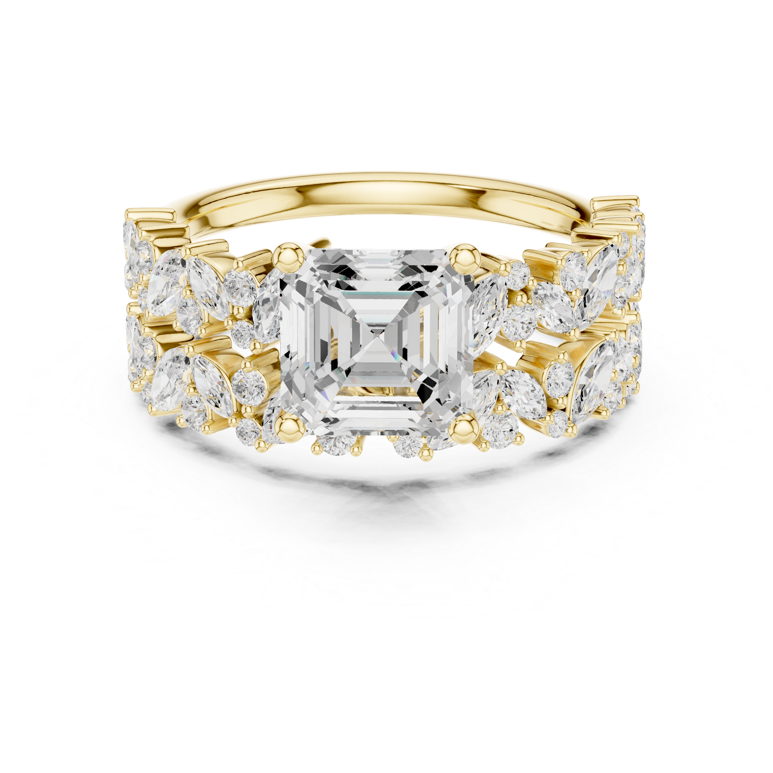 Asscher Cut Bridal Ring Set With Marquise & Round Diamond Band