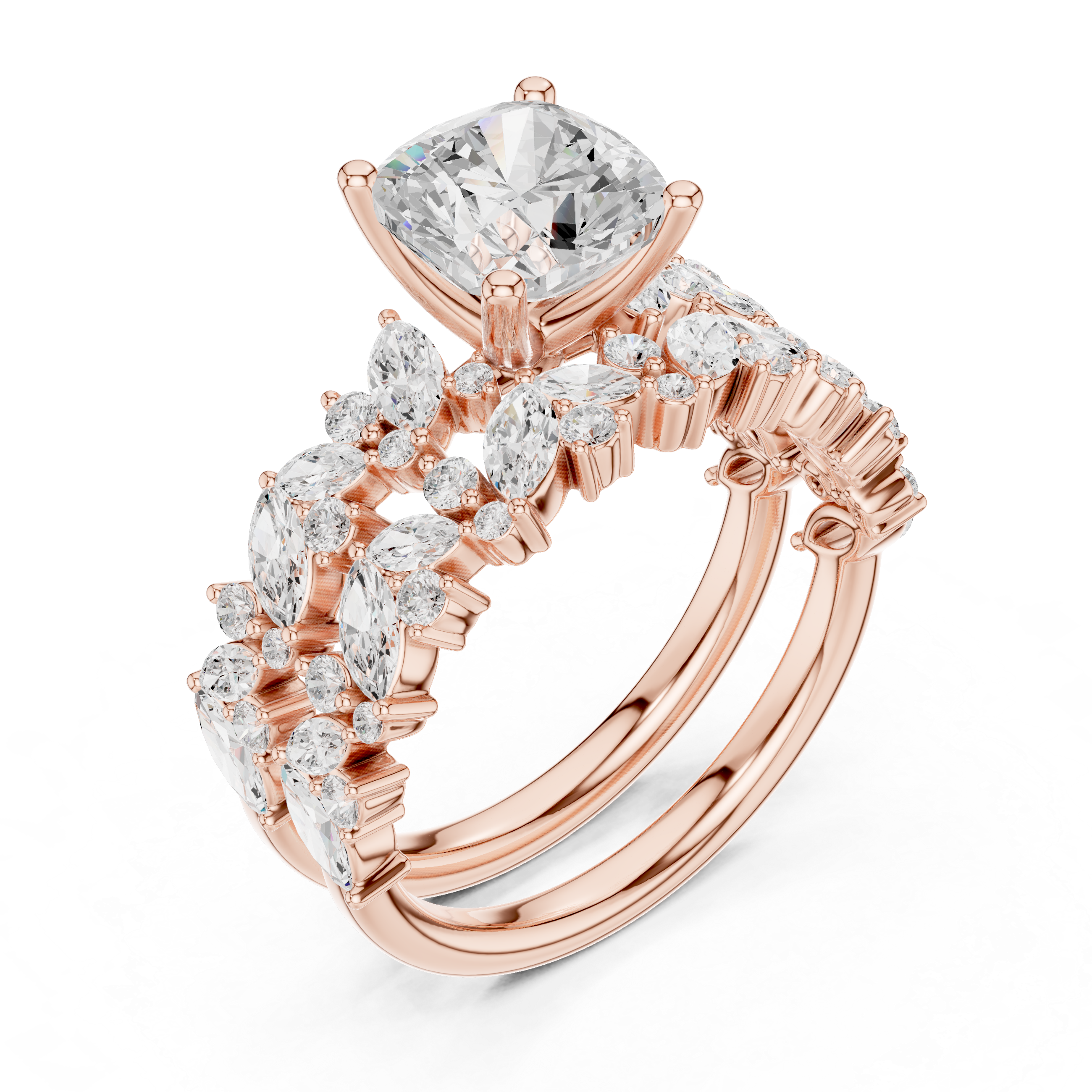 Cushion Cut Bridal Ring Set With Marquise & Round Diamond Band