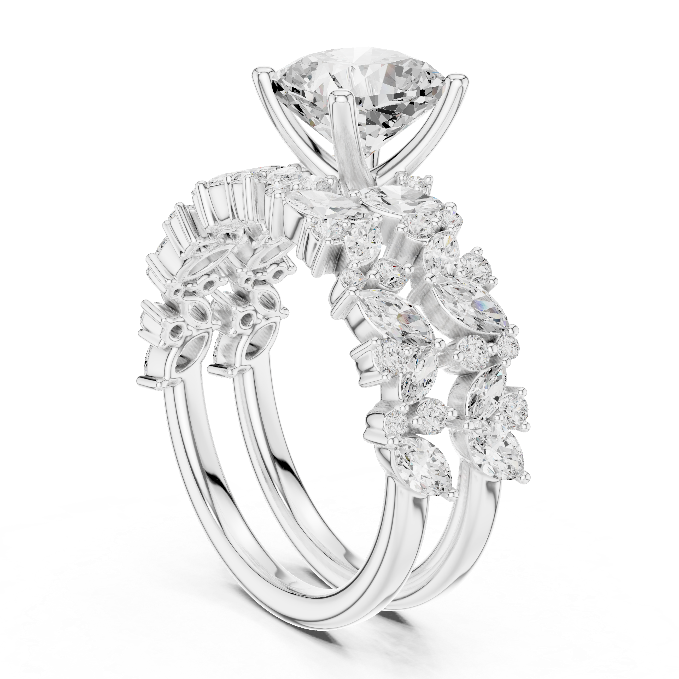 Cushion Cut Bridal Ring Set With Marquise & Round Diamond Band