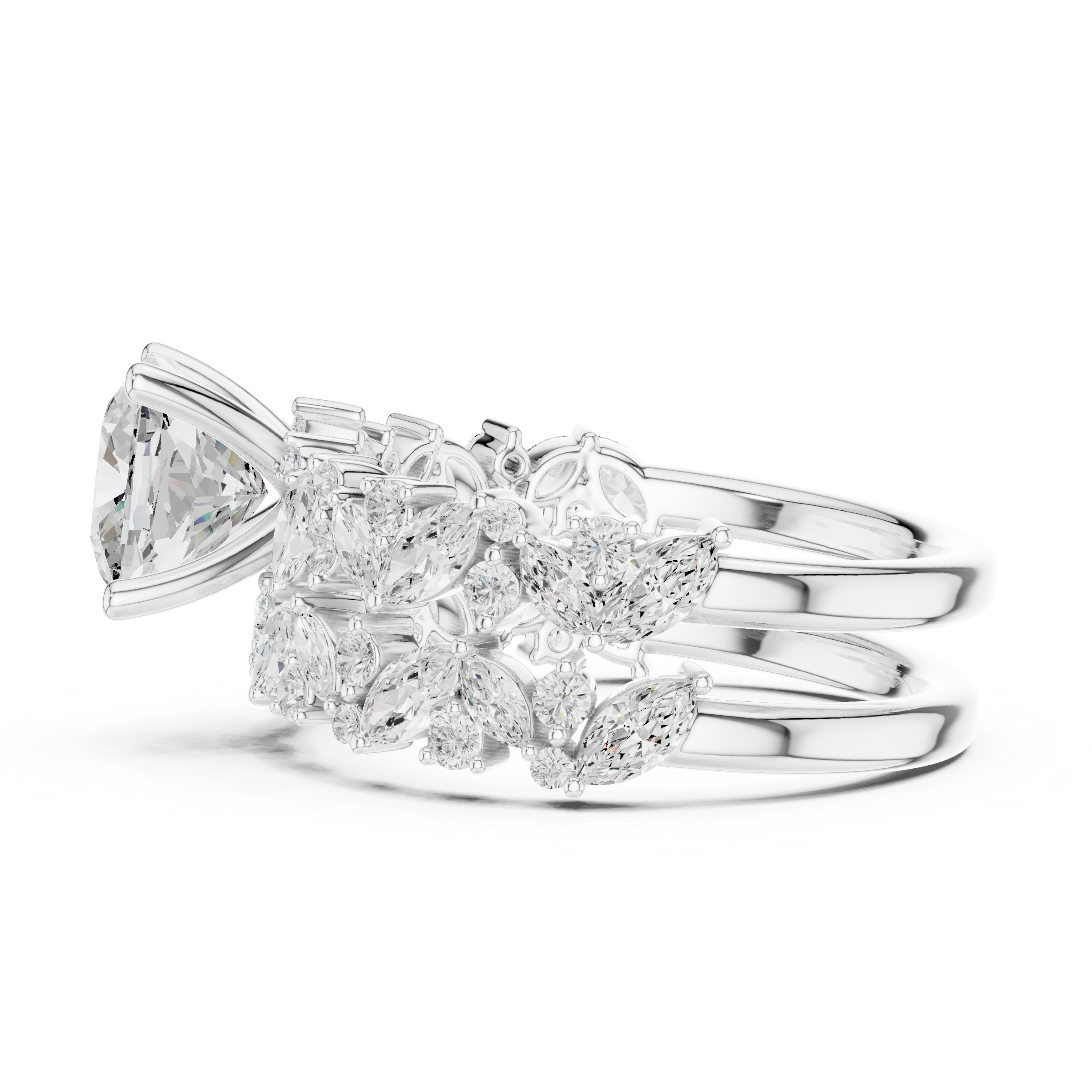 Cushion Cut Bridal Ring Set With Marquise & Round Diamond Band