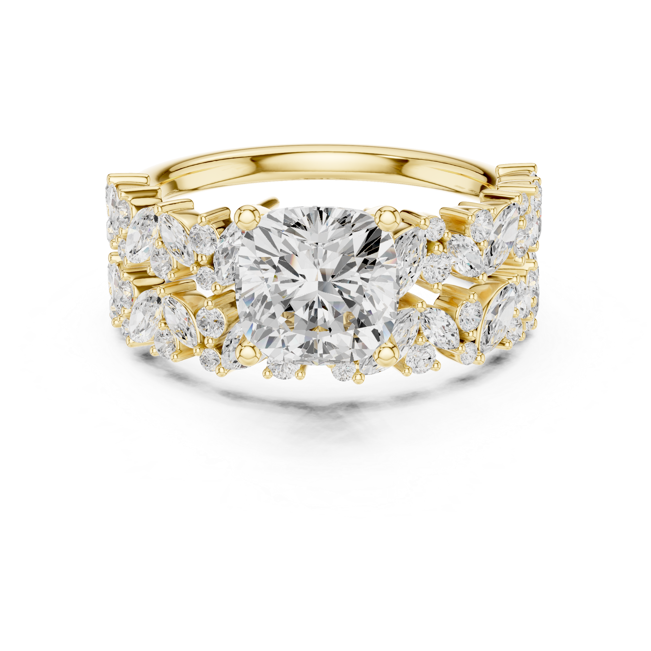 Cushion Cut Bridal Ring Set With Marquise & Round Diamond Band