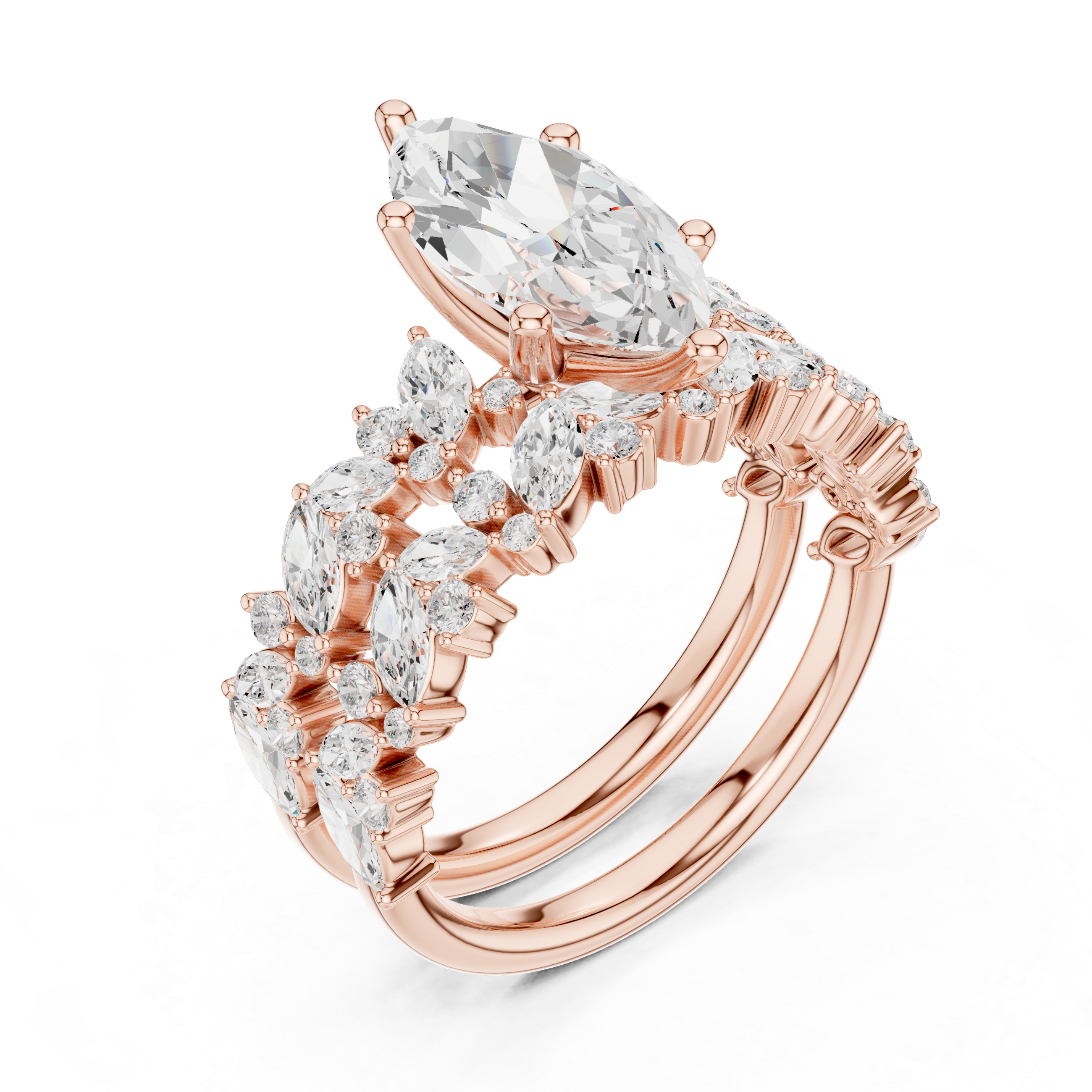 Marquise Cut Bridal Ring Set With Marquise & Round Diamond Band