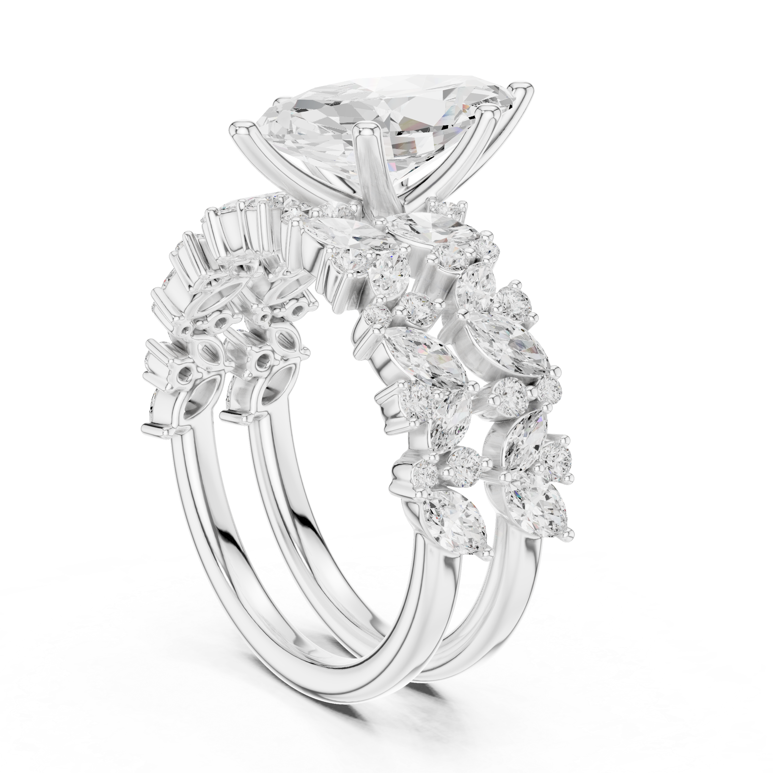 Marquise Cut Bridal Ring Set With Marquise & Round Diamond Band