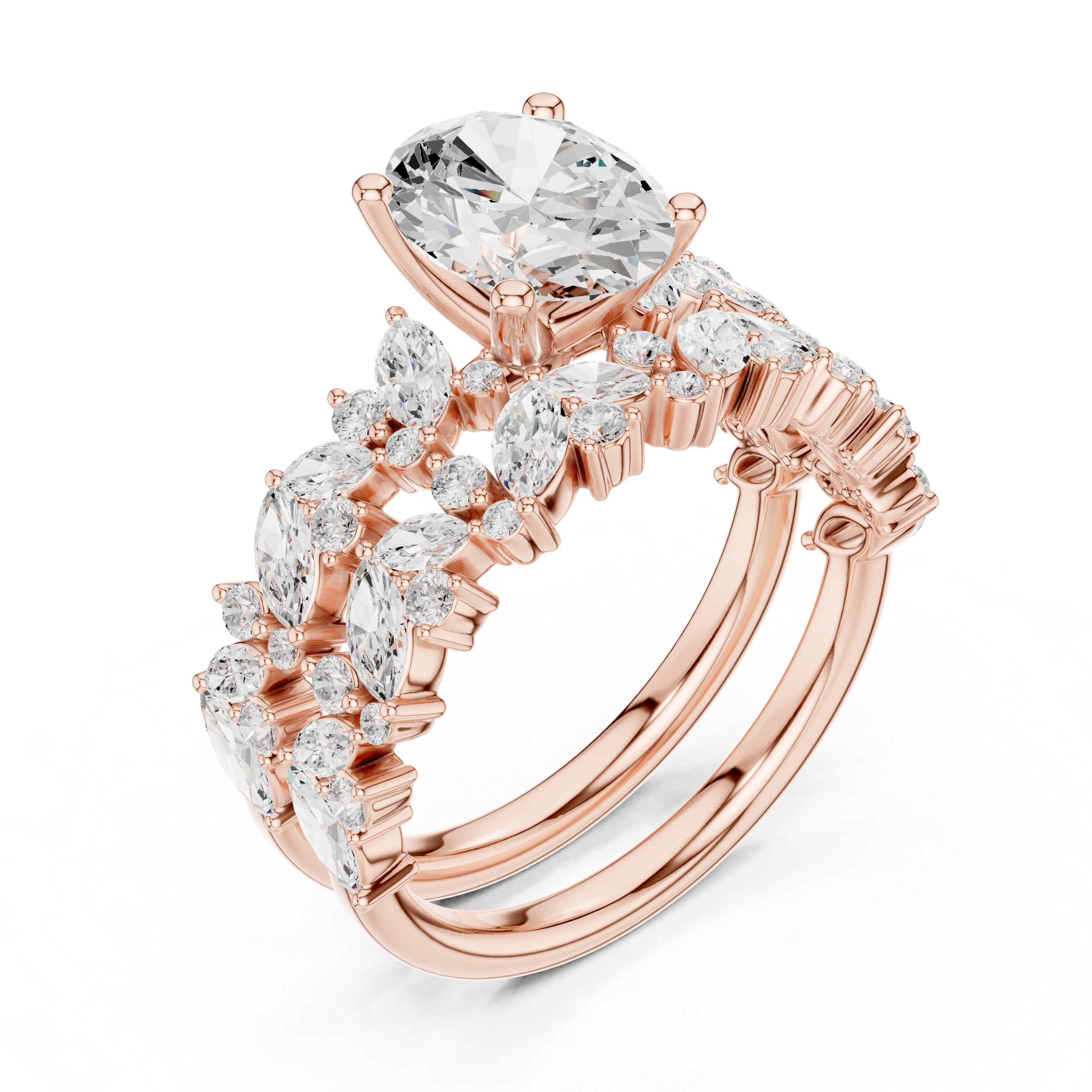 Oval Cut Bridal Ring Set With Marquise & Round Diamond Band