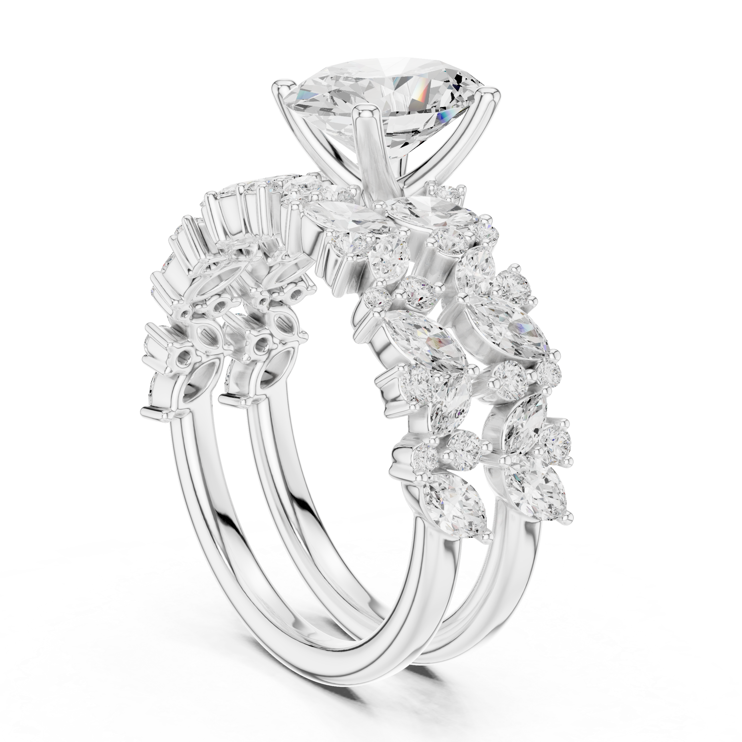 Oval Cut Bridal Ring Set With Marquise & Round Diamond Band