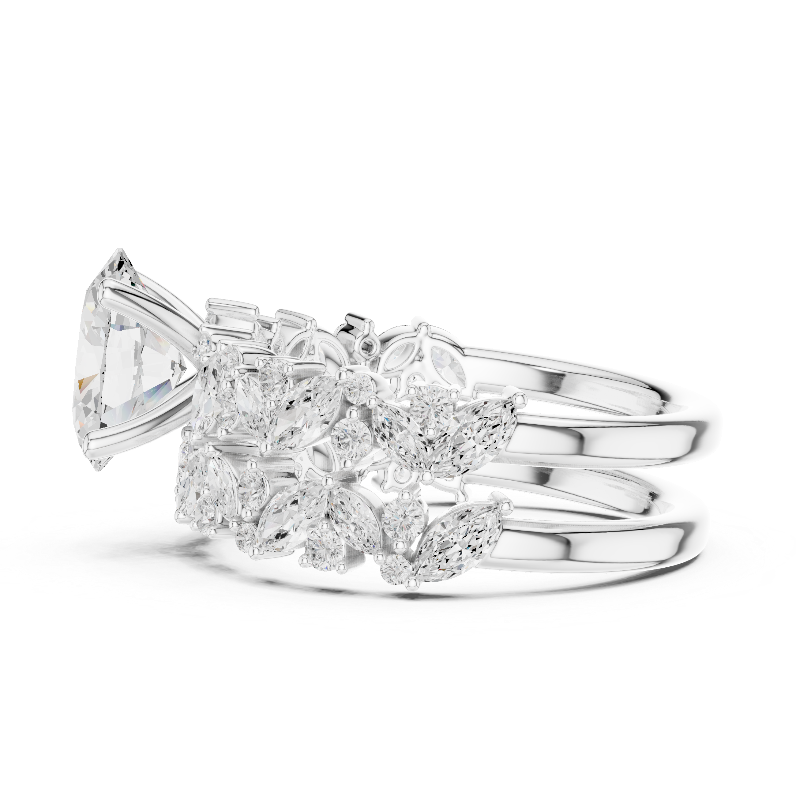 Oval Cut Bridal Ring Set With Marquise & Round Diamond Band