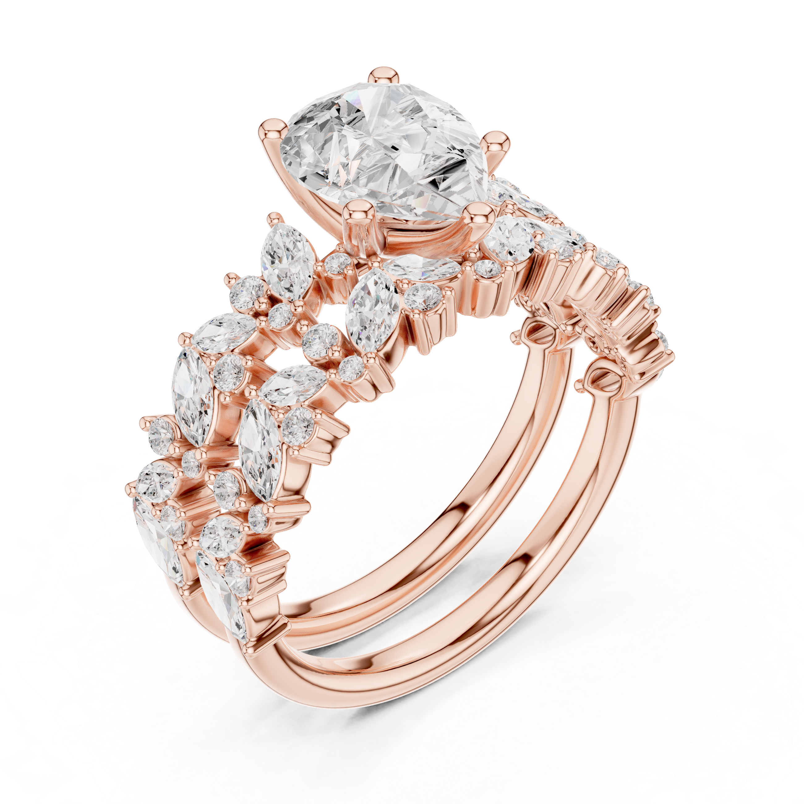 Pear Cut Bridal Ring Set With Marquise & Round Diamond Band