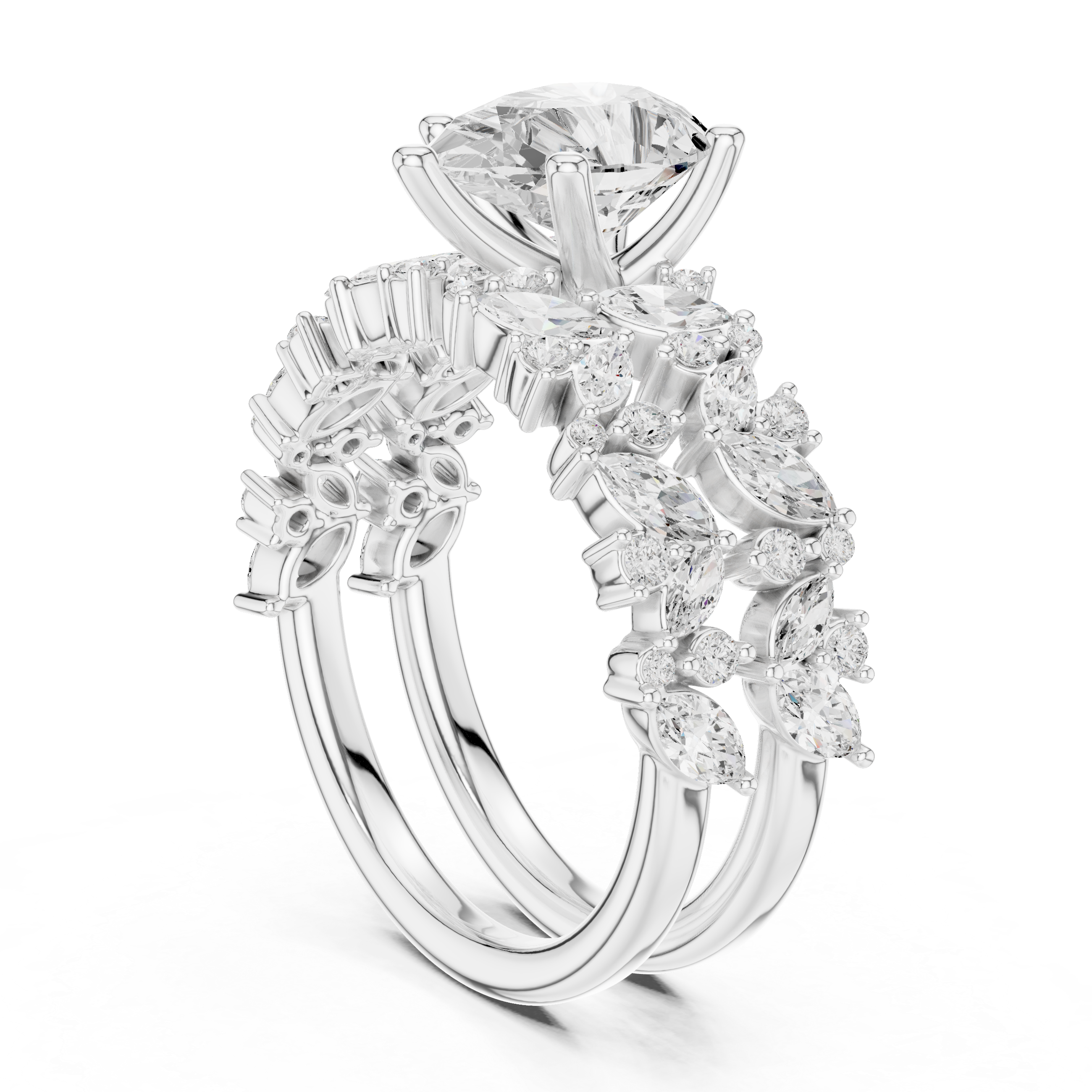 Pear Cut Bridal Ring Set With Marquise & Round Diamond Band