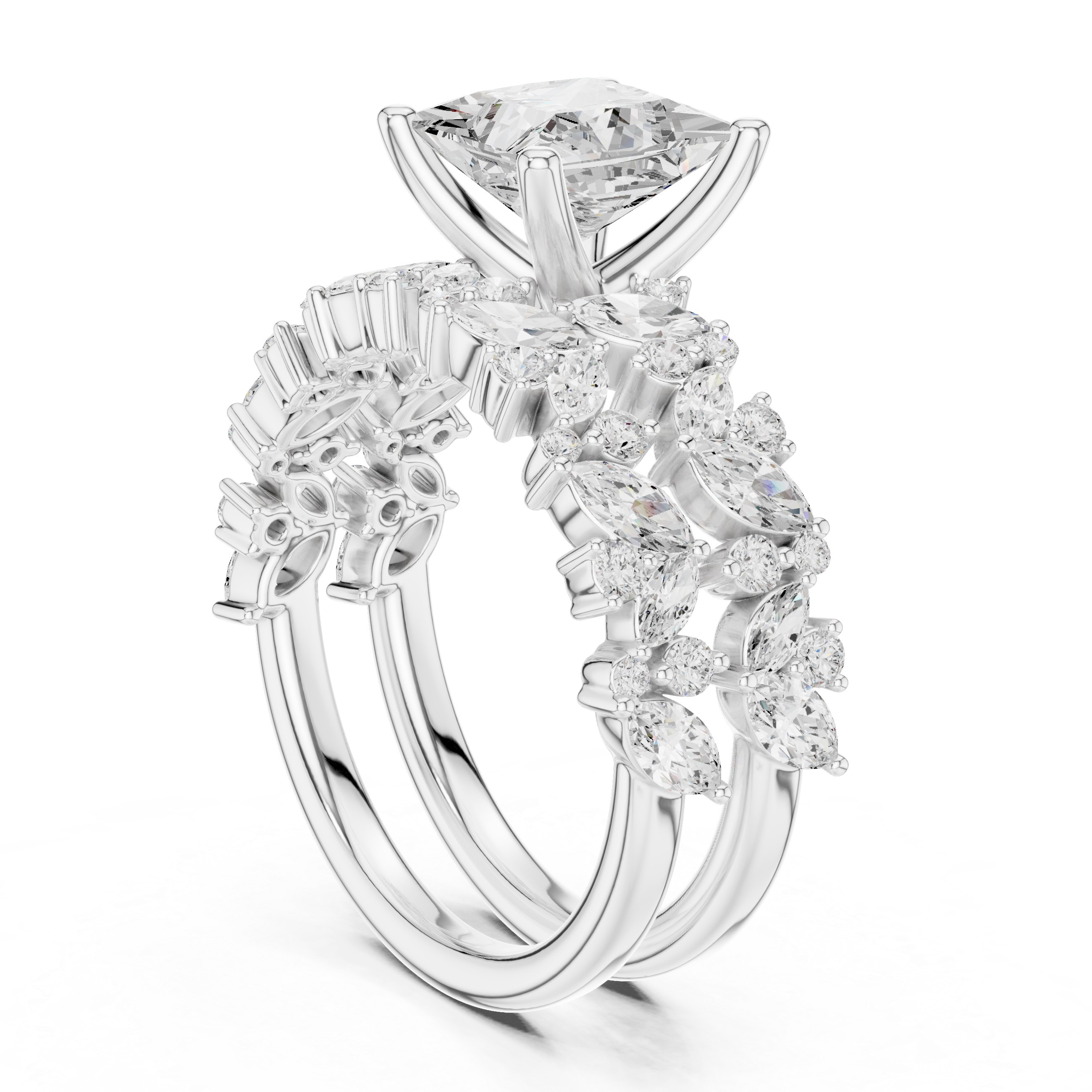 Princess Cut Bridal Ring Set With Marquise & Round Diamond Band