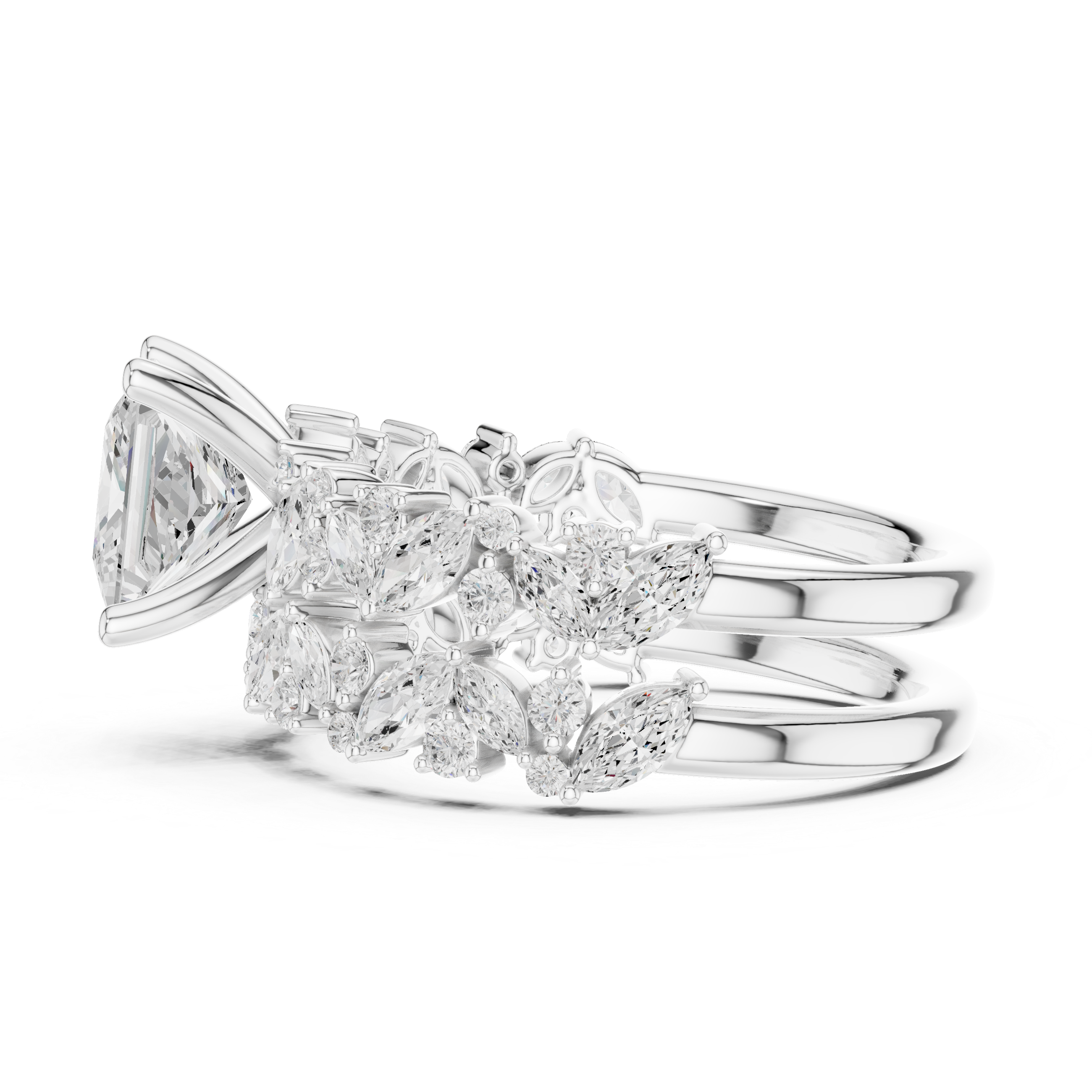 Princess Cut Bridal Ring Set With Marquise & Round Diamond Band