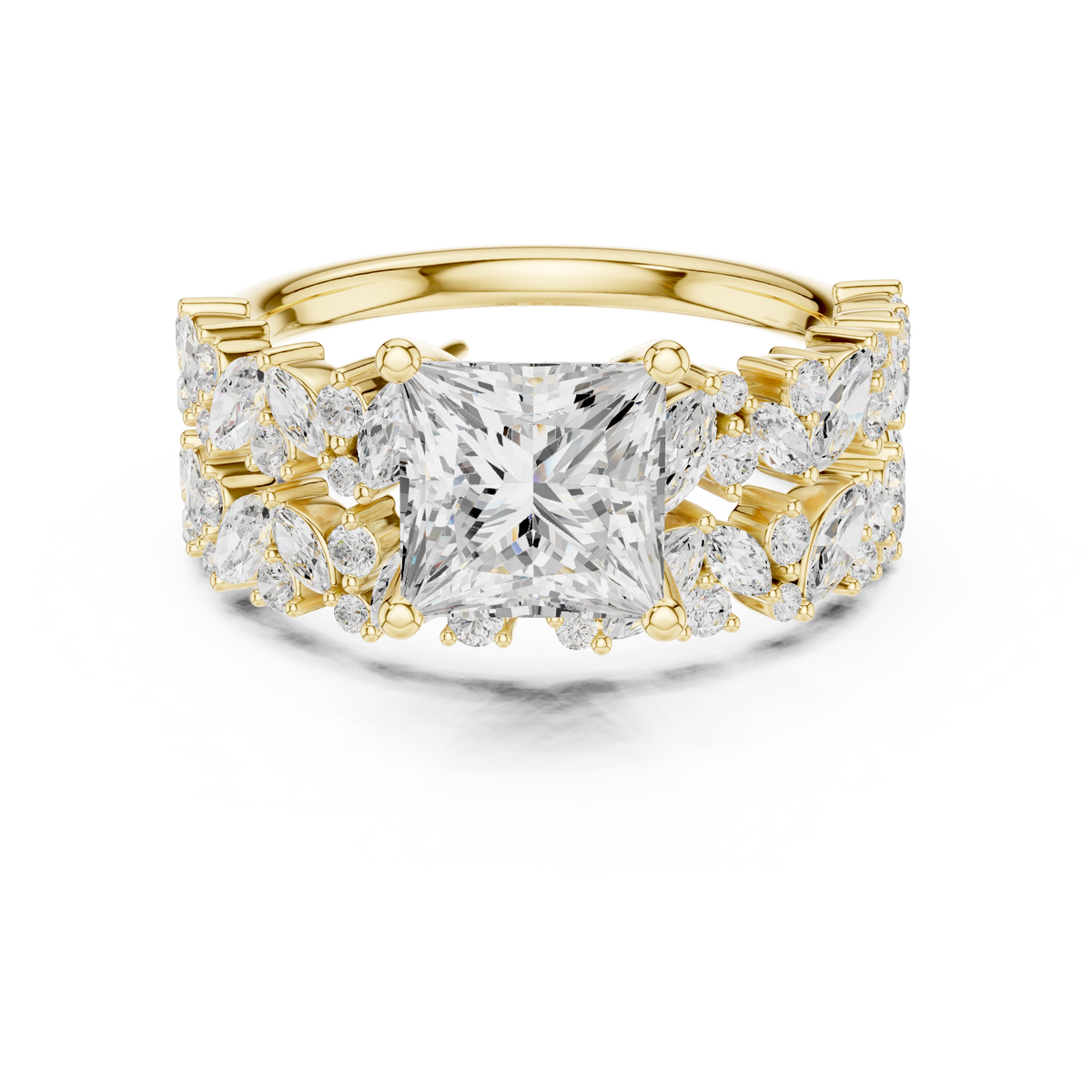 Princess Cut Bridal Ring Set With Marquise & Round Diamond Band