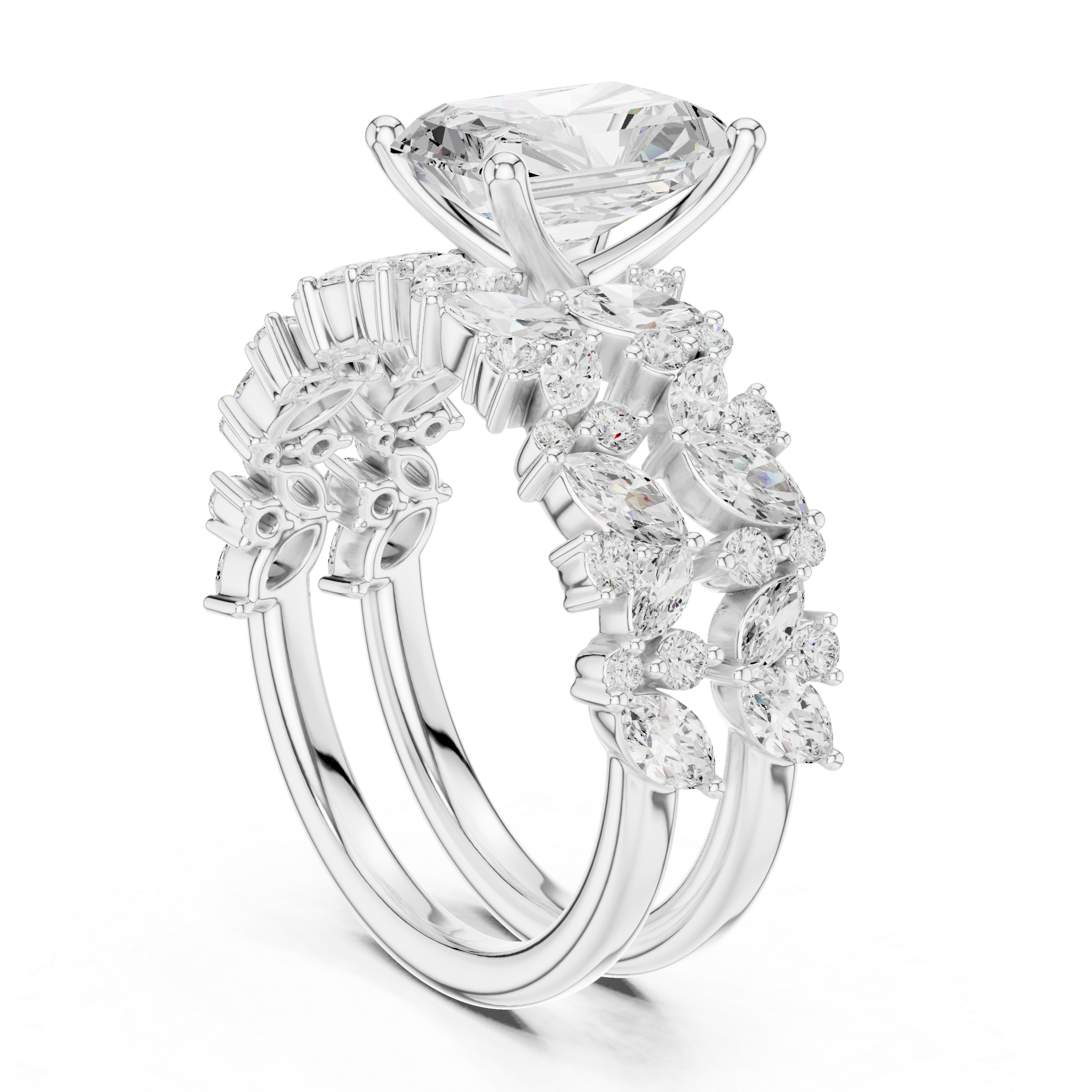 Radiant Cut Bridal Ring Set With Marquise & Round Diamond Band