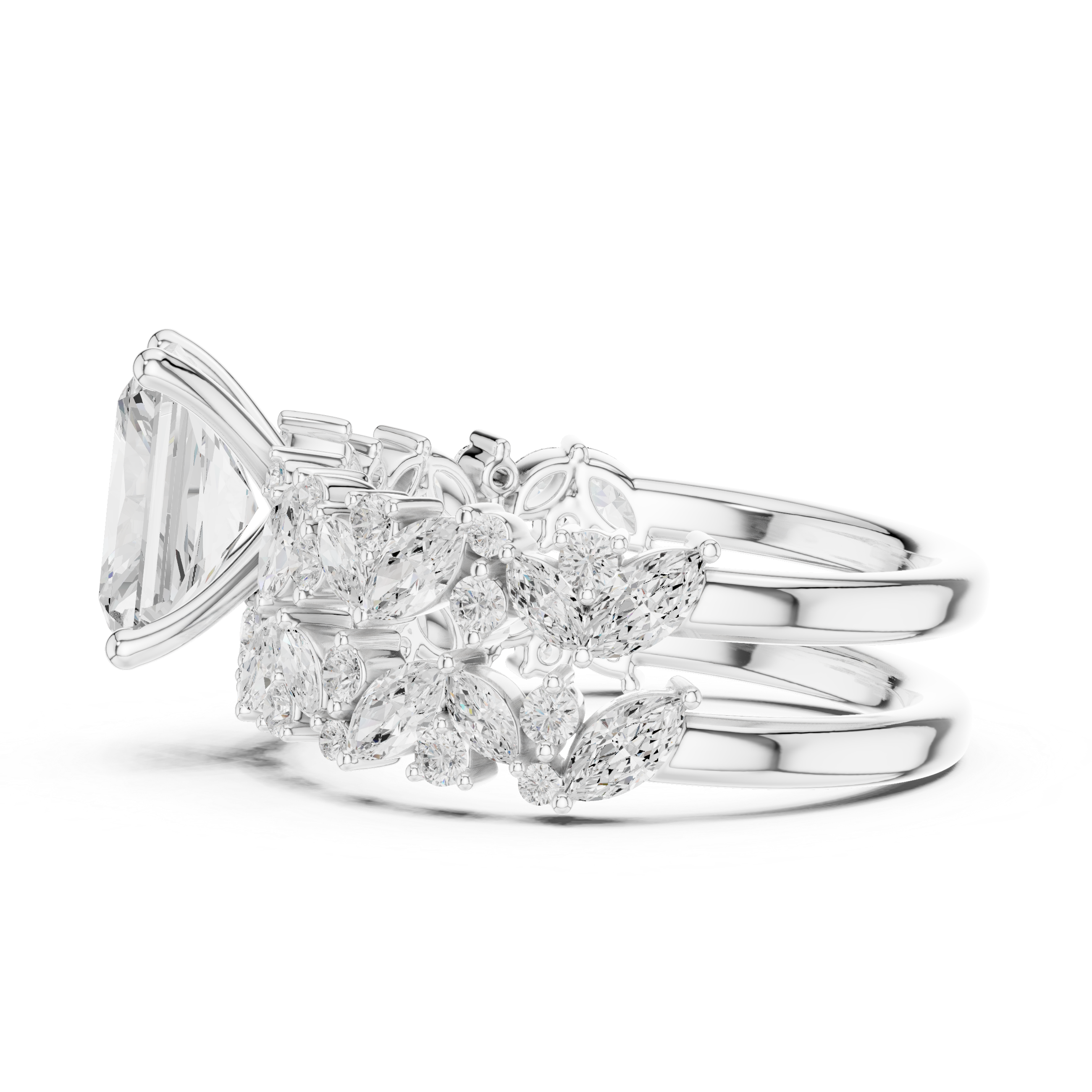 Radiant Cut Bridal Ring Set With Marquise & Round Diamond Band
