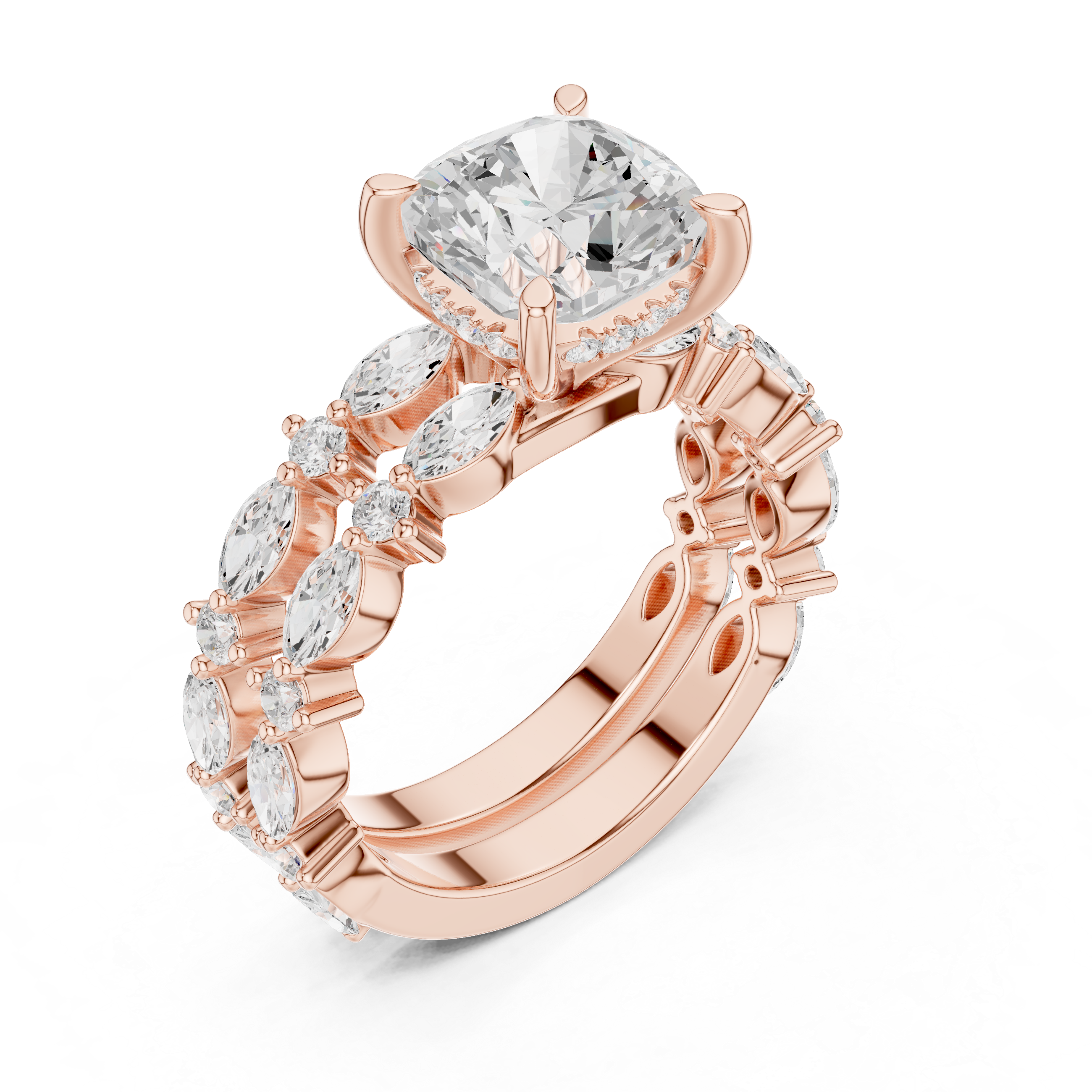 Cushion Diamond Double Band Marquise Accent Ring Set