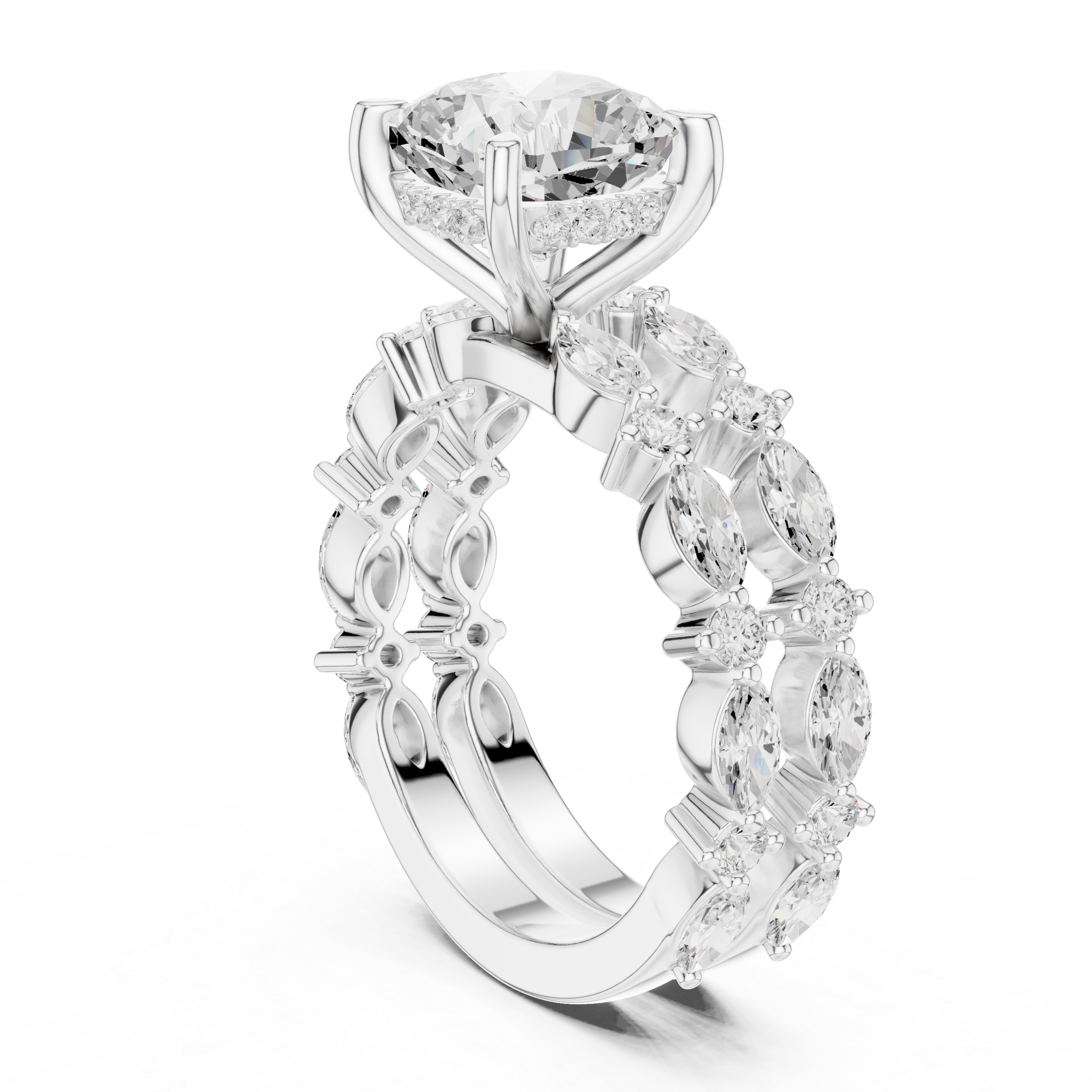 Cushion Diamond Double Band Marquise Accent Ring Set