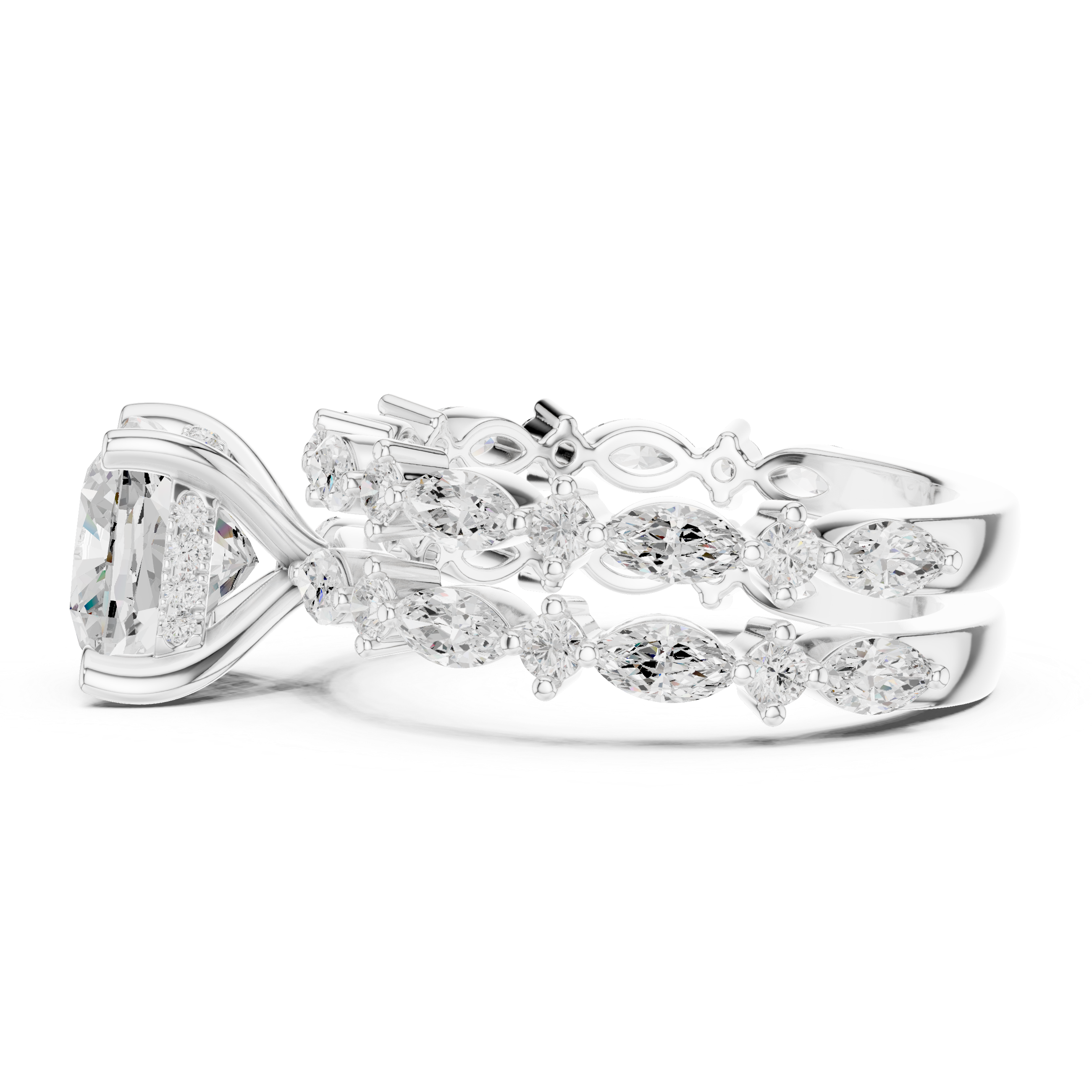 Cushion Diamond Double Band Marquise Accent Ring Set