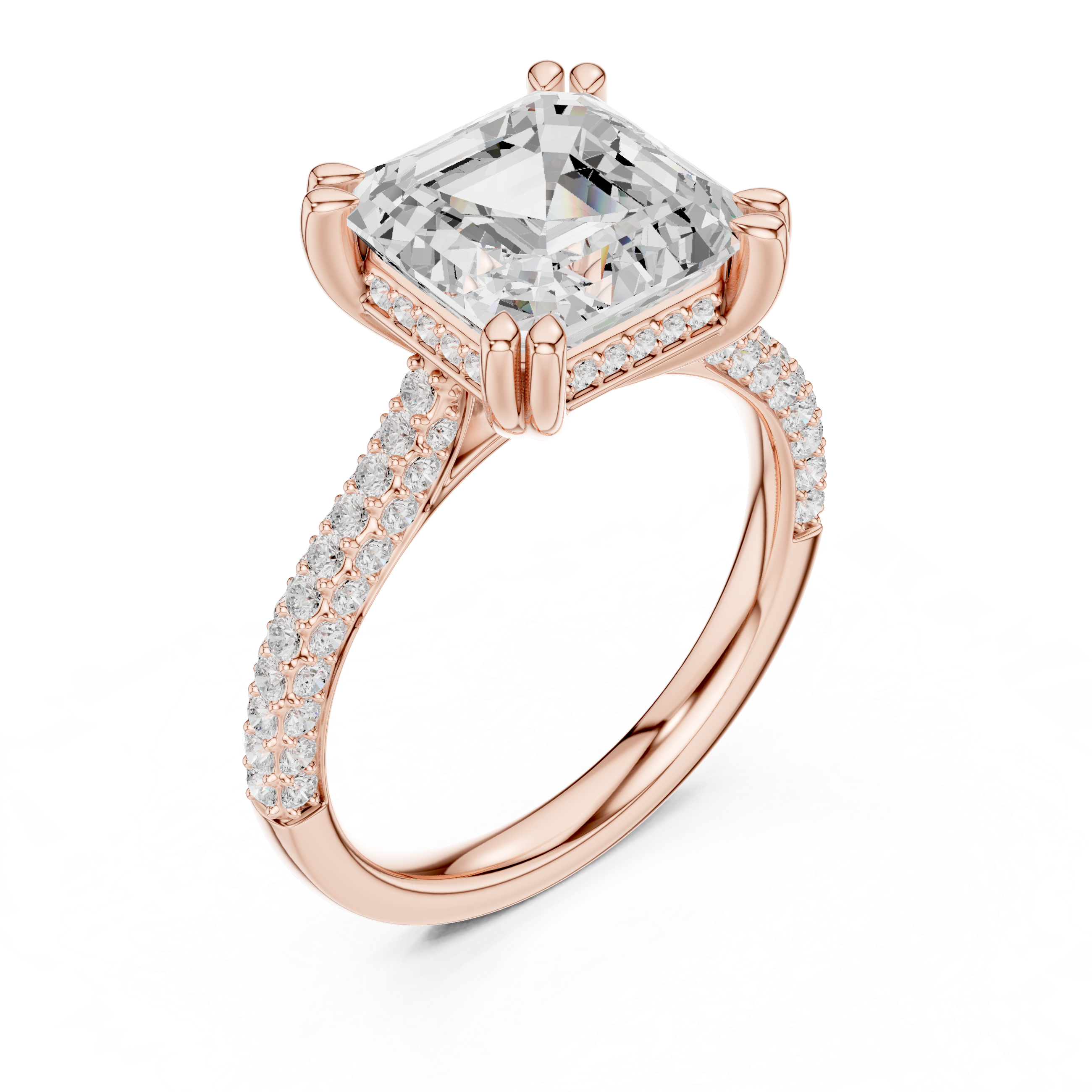 Asscher Diamond Triple-Row Pave Set Engagement Ring