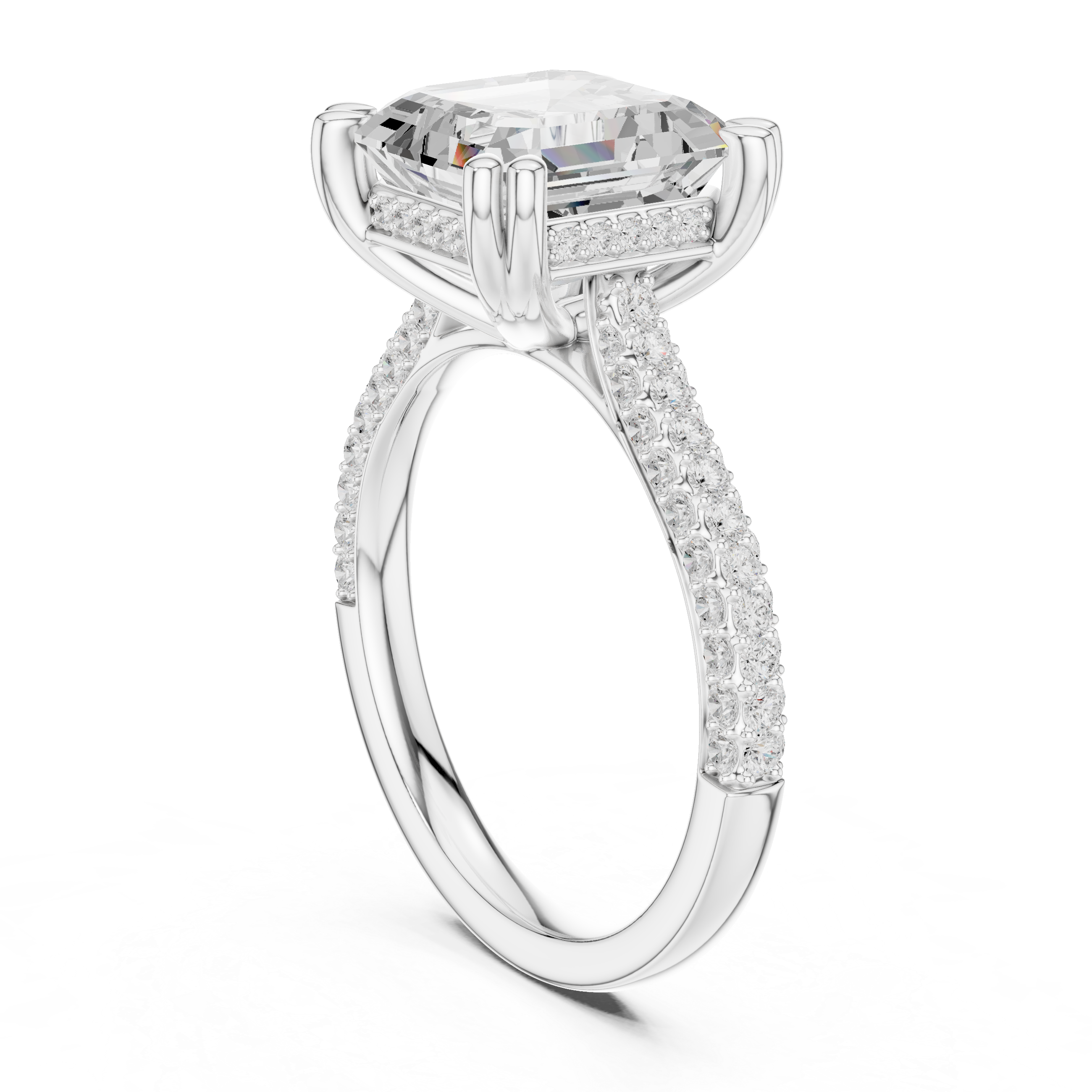 Asscher Diamond Triple-Row Pave Set Engagement Ring