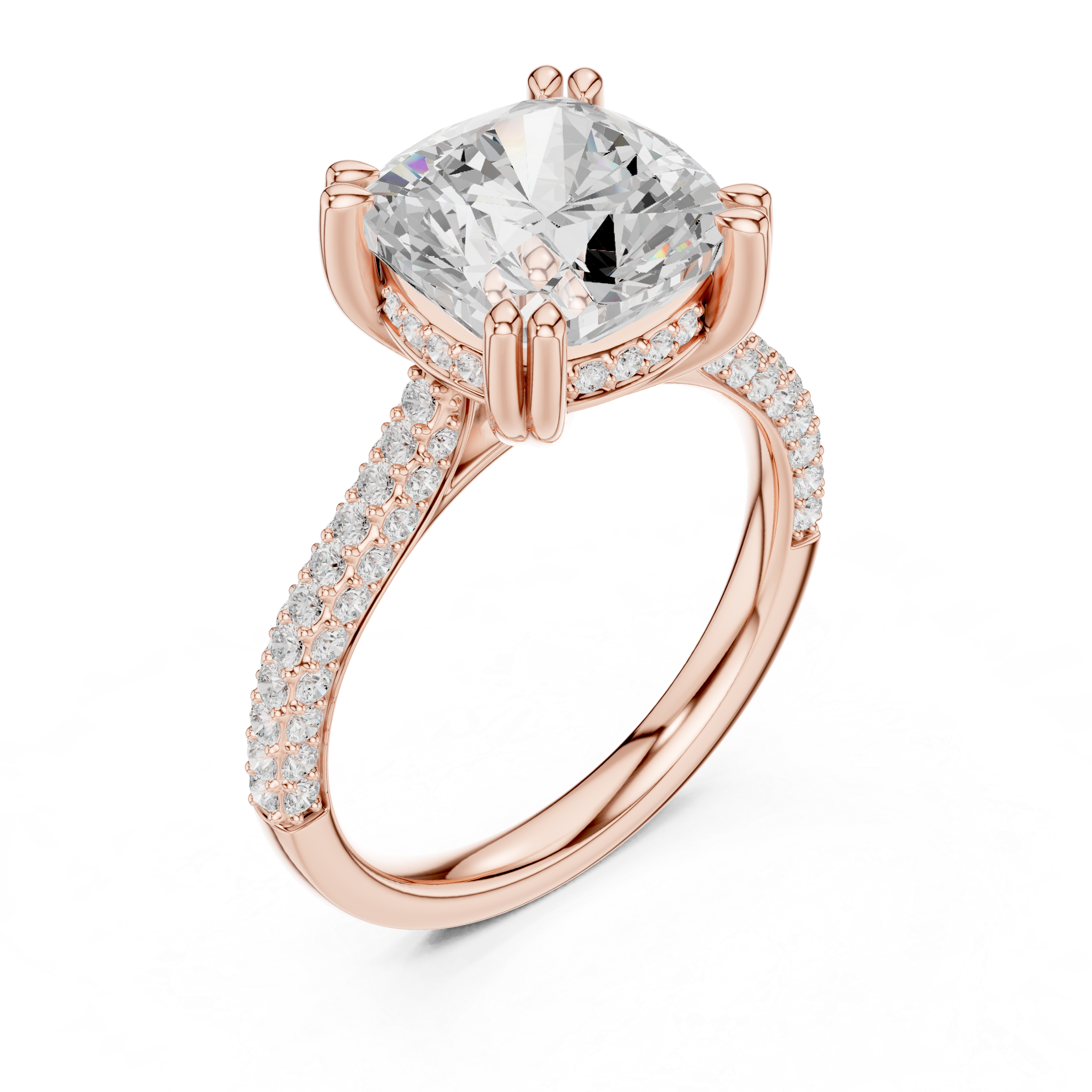 Cushion Diamond Triple-Row Pave Set Engagement Ring