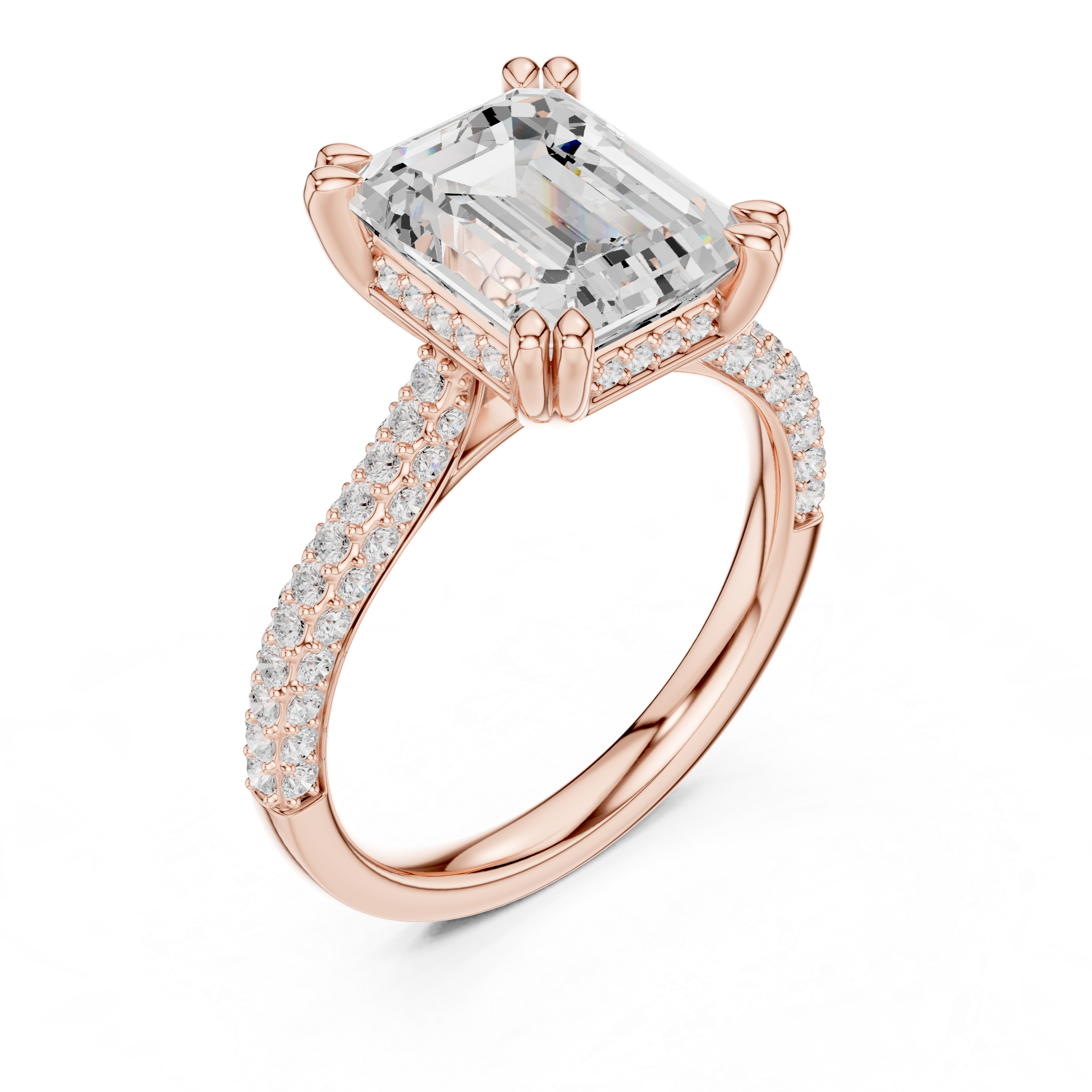 Emerald Diamond Triple-Row Pave Set Engagement Ring