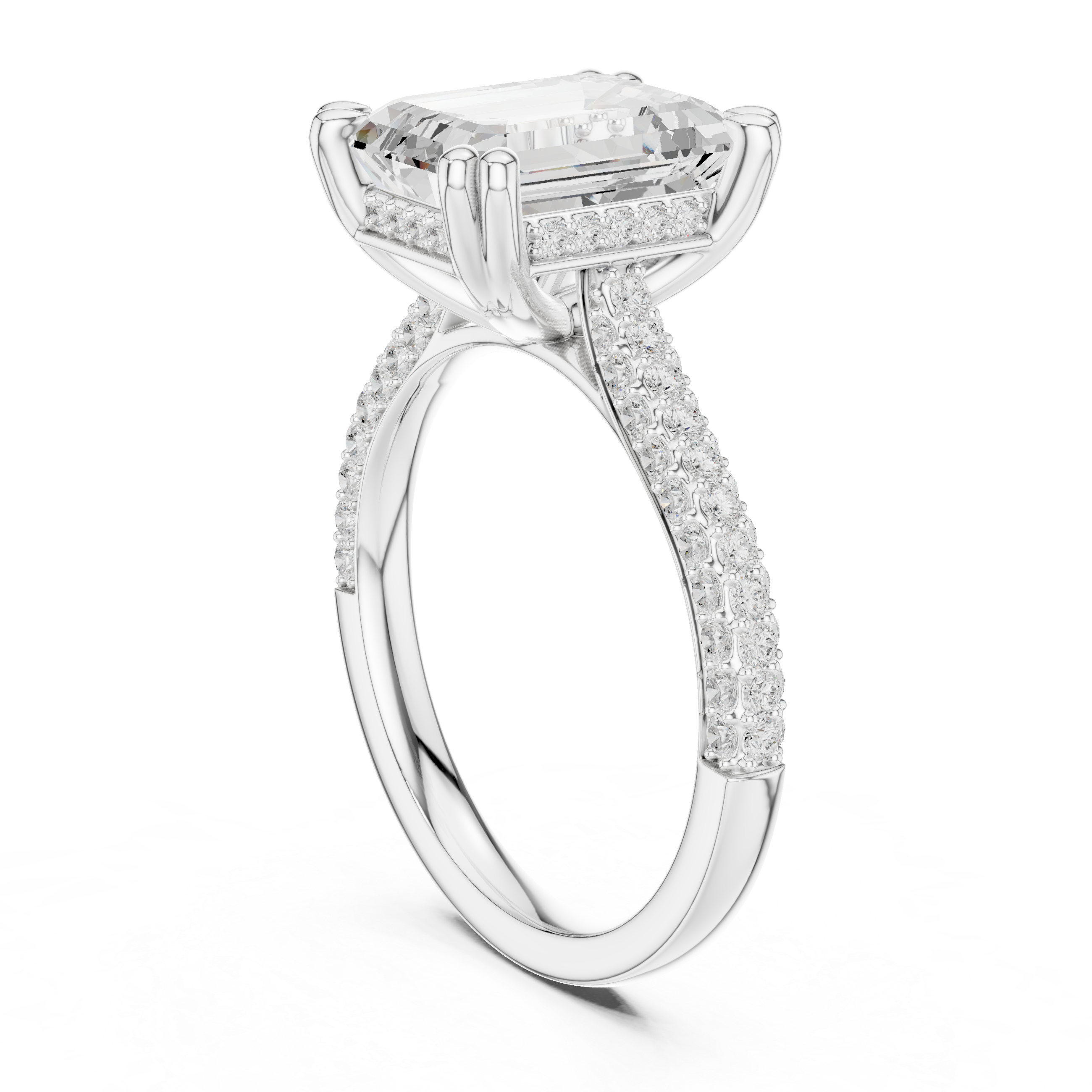 Emerald Diamond Triple-Row Pave Set Engagement Ring