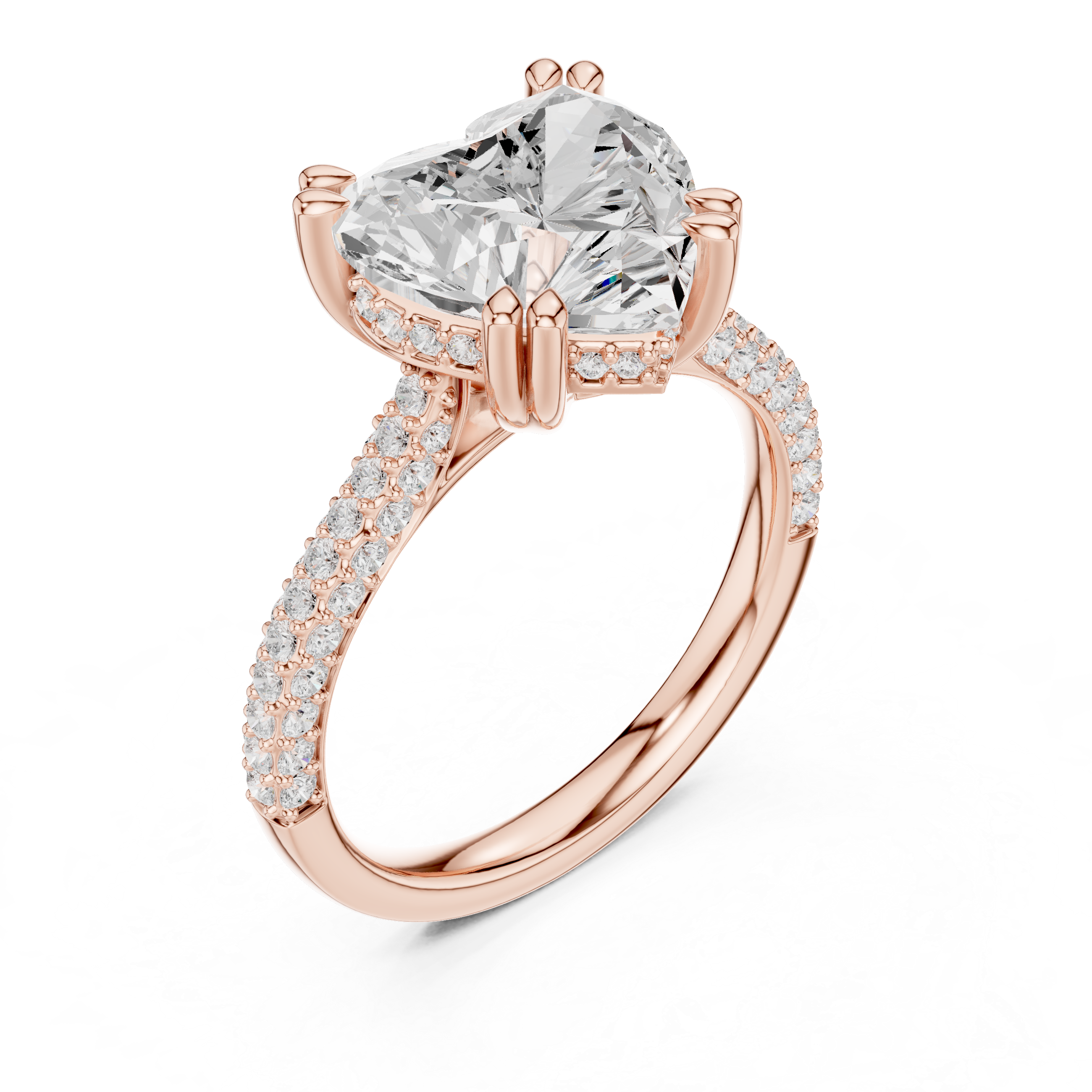 Heart Cut Diamond Hidden Halo Triple Row Pave Band Engagement Ring