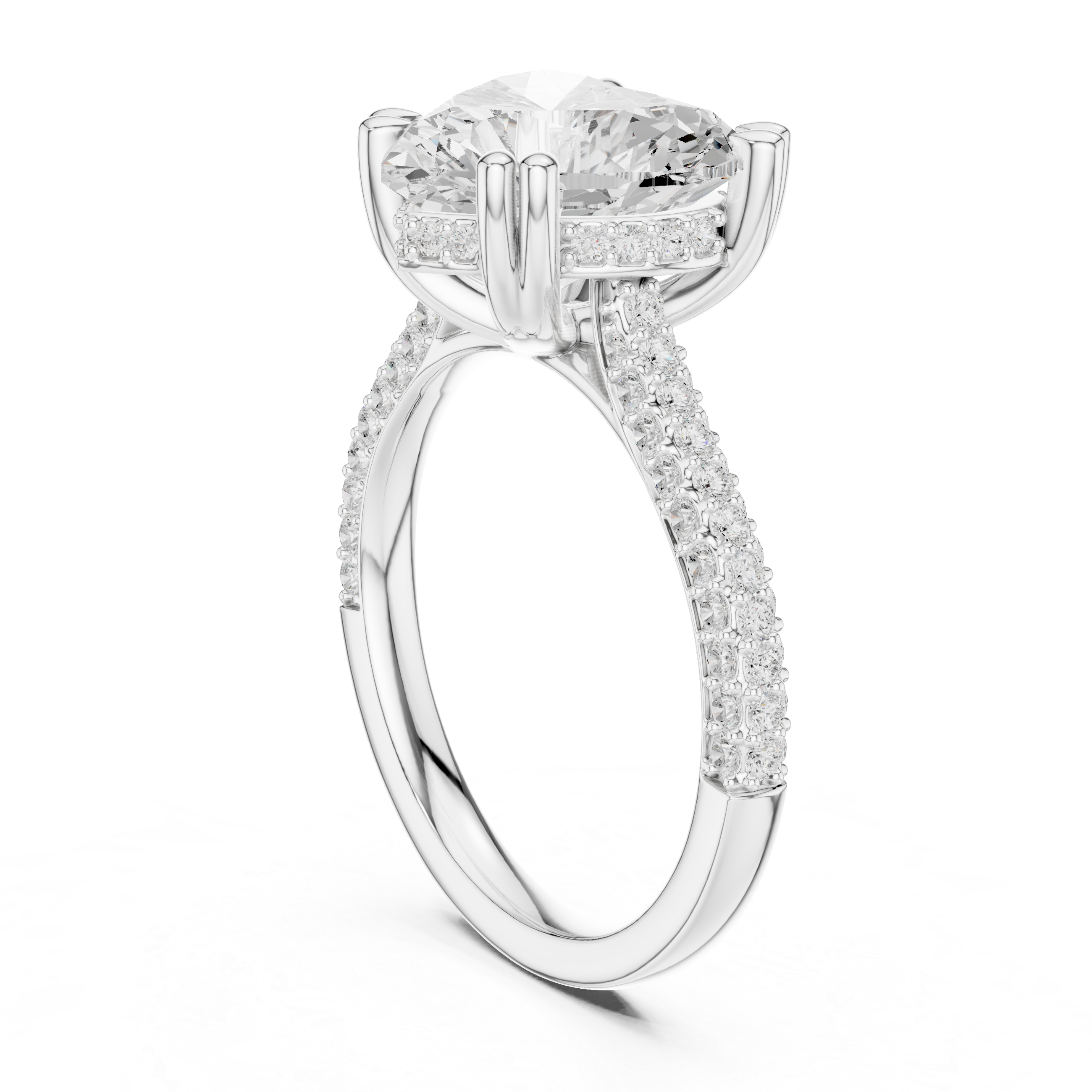 Heart Cut Diamond Hidden Halo Triple Row Pave Band Engagement Ring