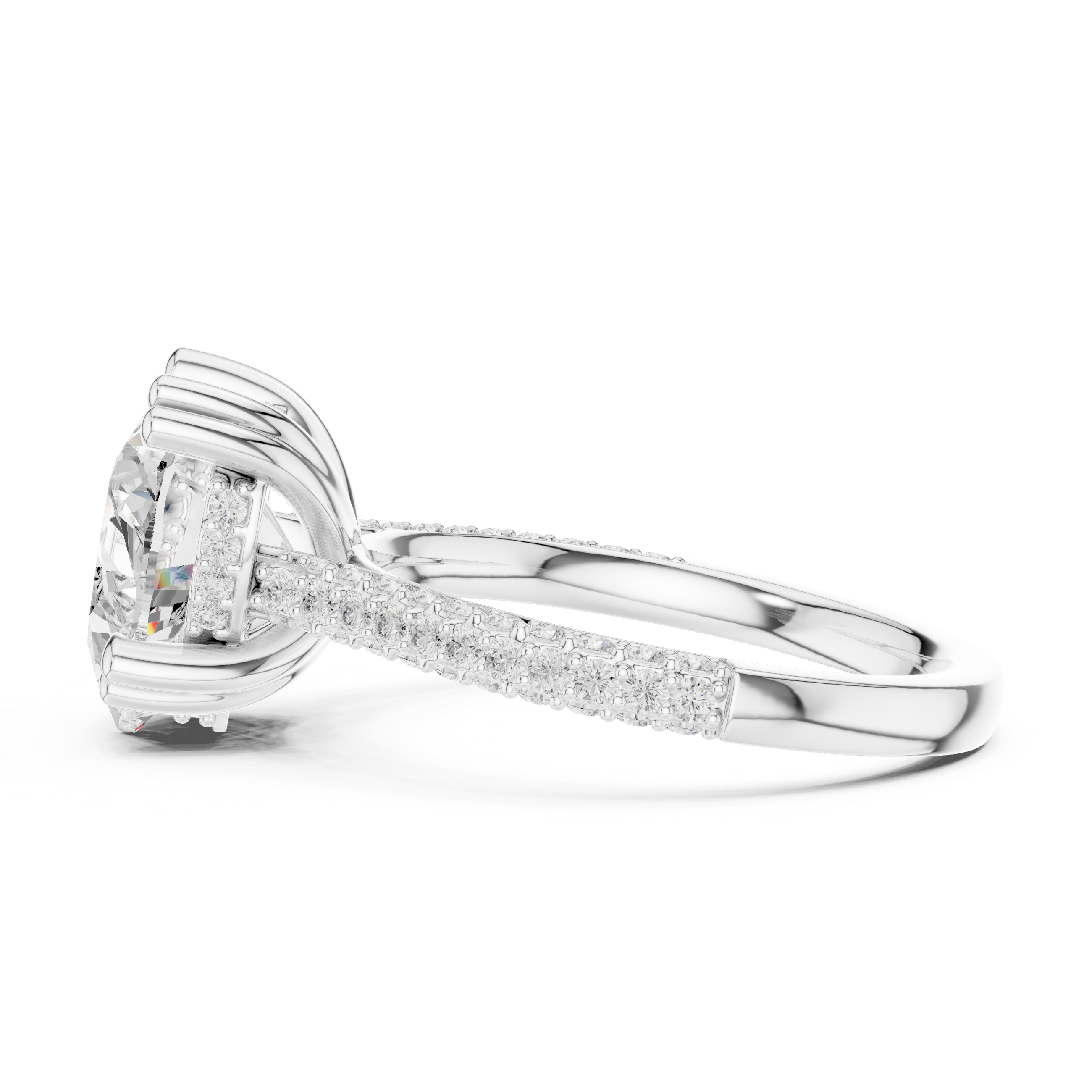 Heart Cut Diamond Hidden Halo Triple Row Pave Band Engagement Ring