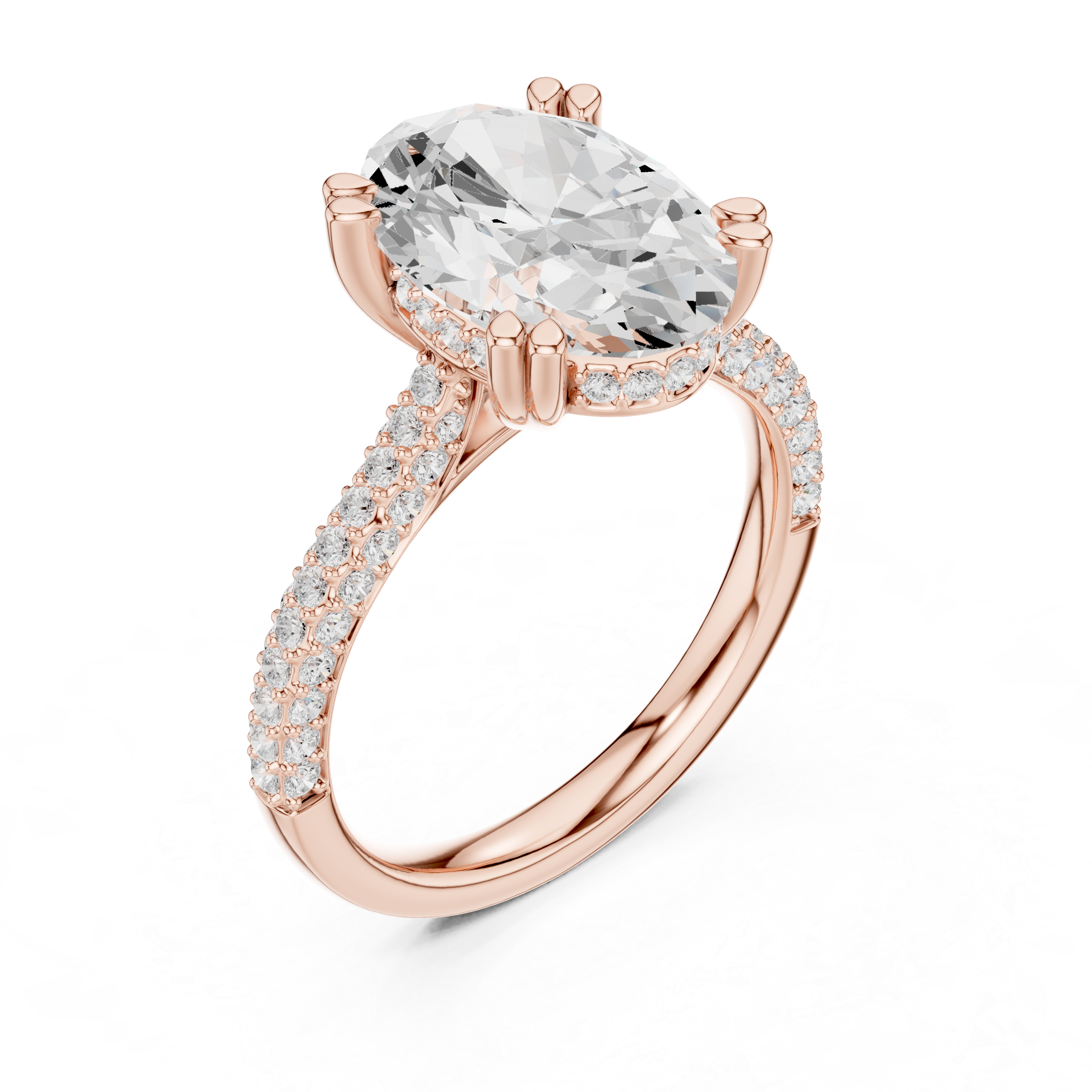 Oval Cut Diamond Hidden Halo Triple Row Pave Band Engagement Ring