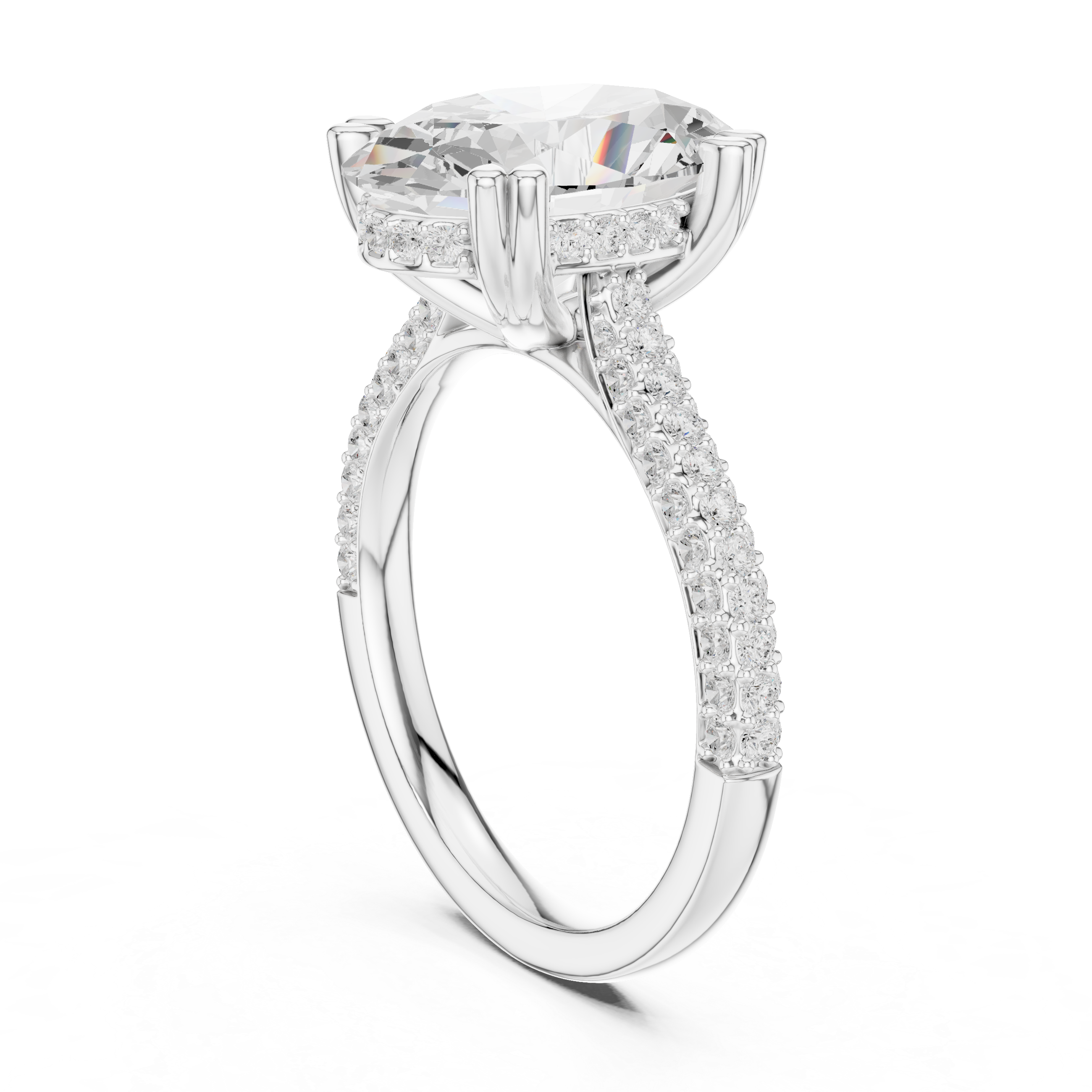 Oval Cut Diamond Hidden Halo Triple Row Pave Band Engagement Ring