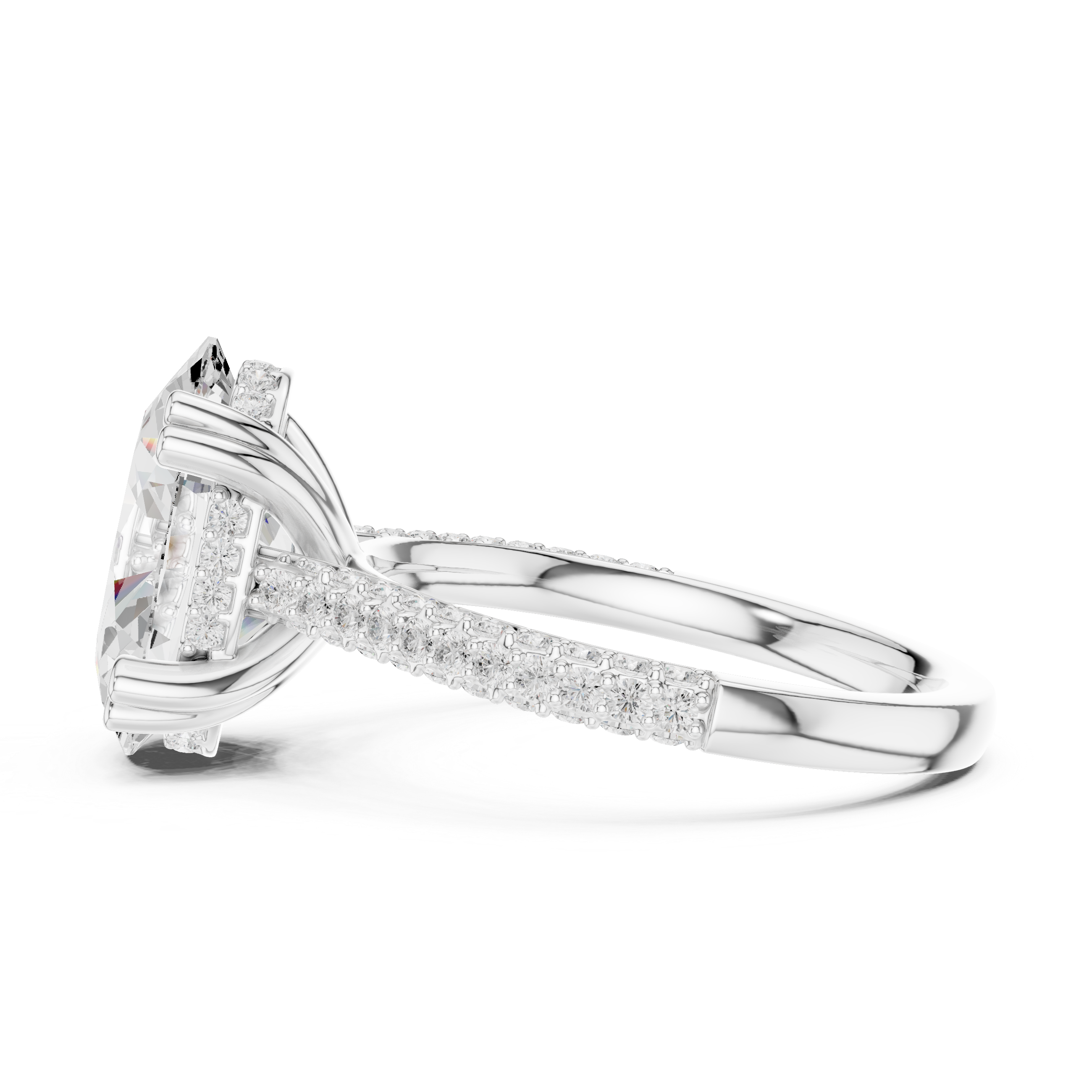 Oval Cut Diamond Hidden Halo Triple Row Pave Band Engagement Ring